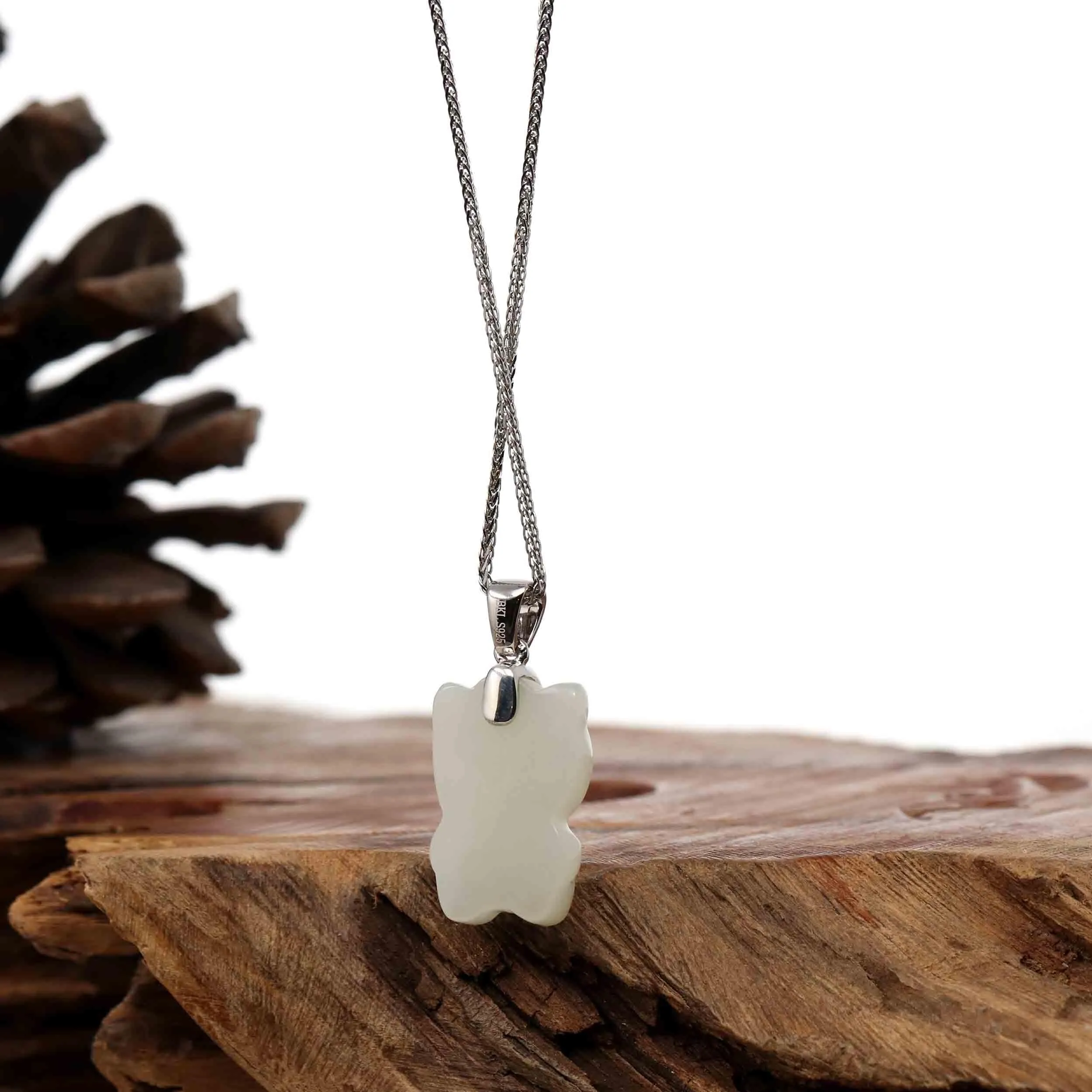 Baikalla "Lucky Kitten" White Nephrite Jade Pendant Necklace With Silver Bail