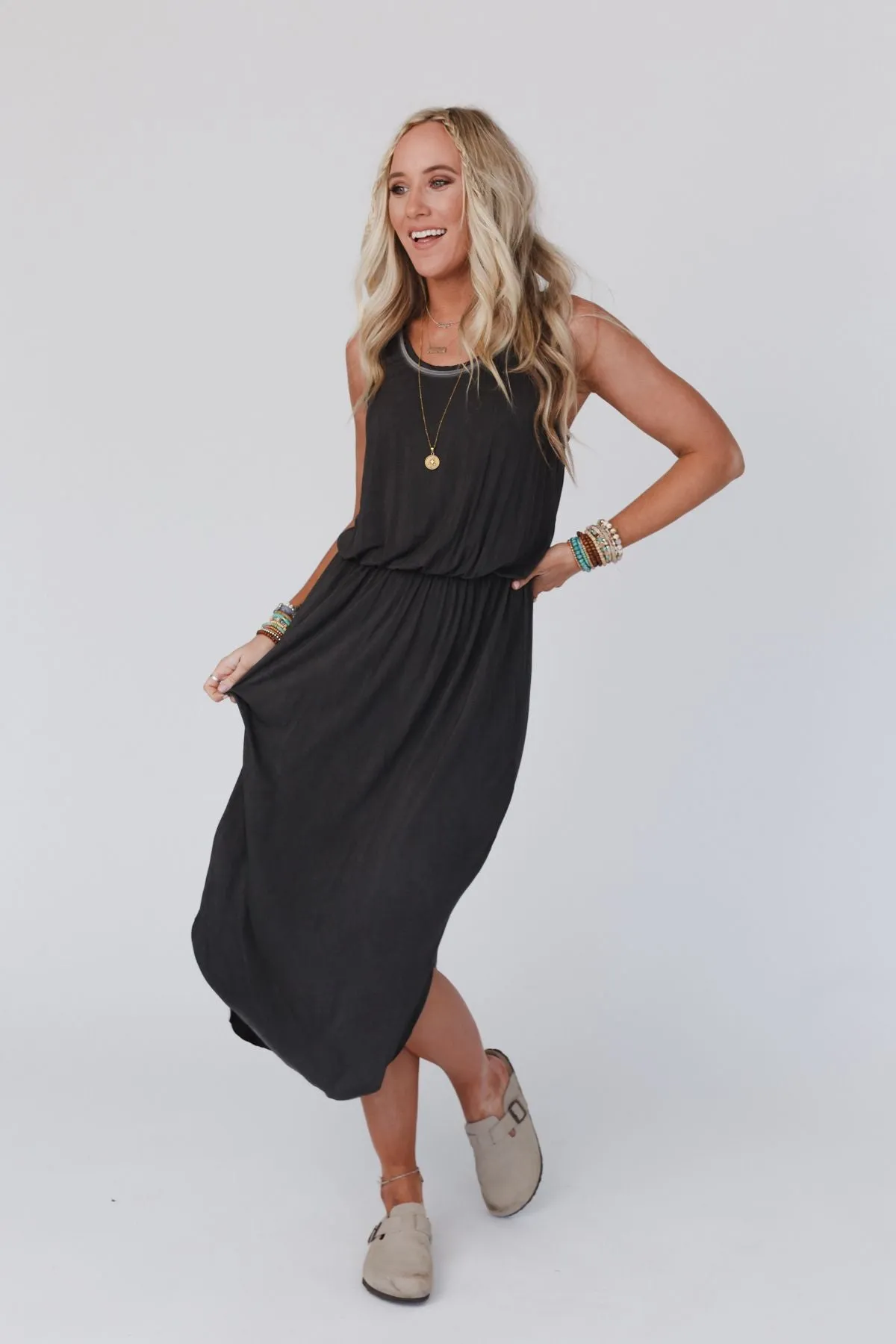 Betsy Stonewashed Midi Tank Dress - Black