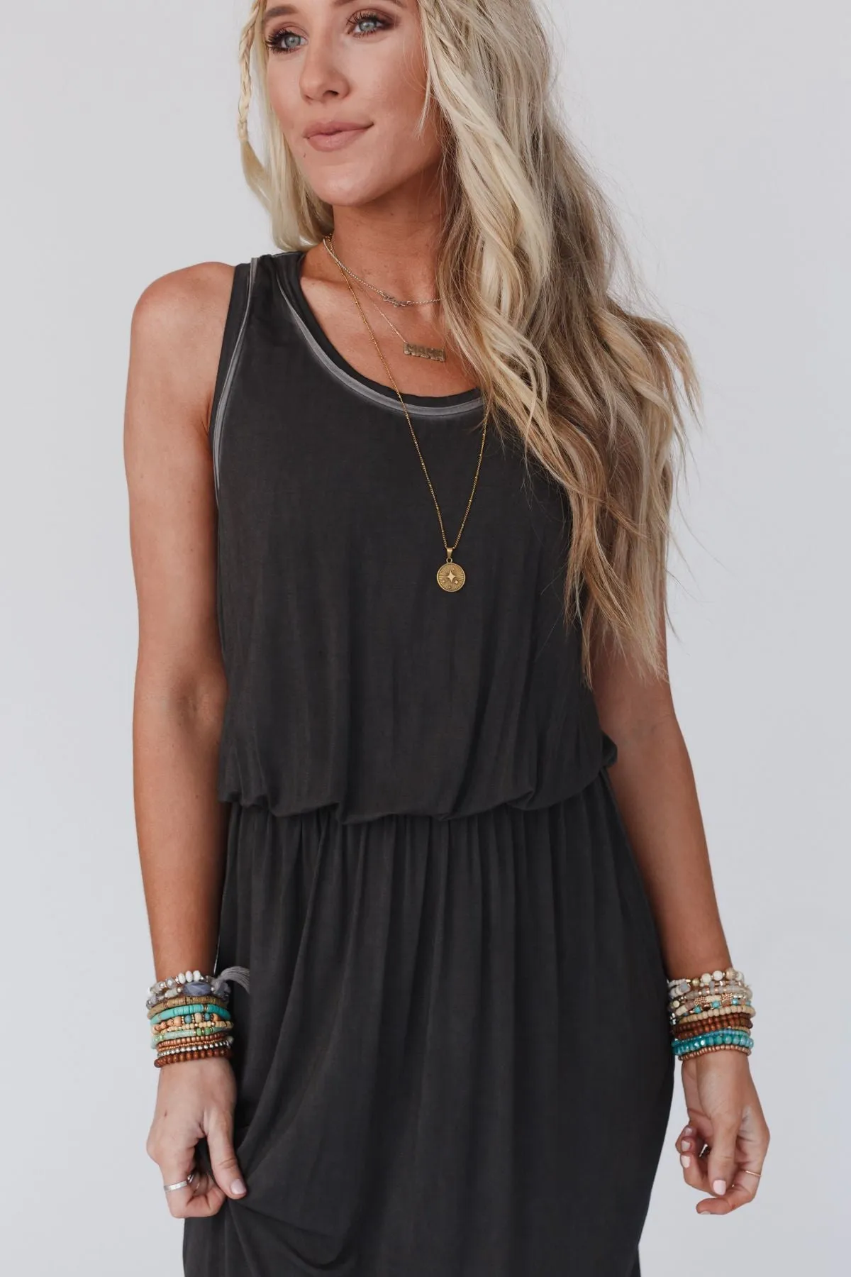 Betsy Stonewashed Midi Tank Dress - Black