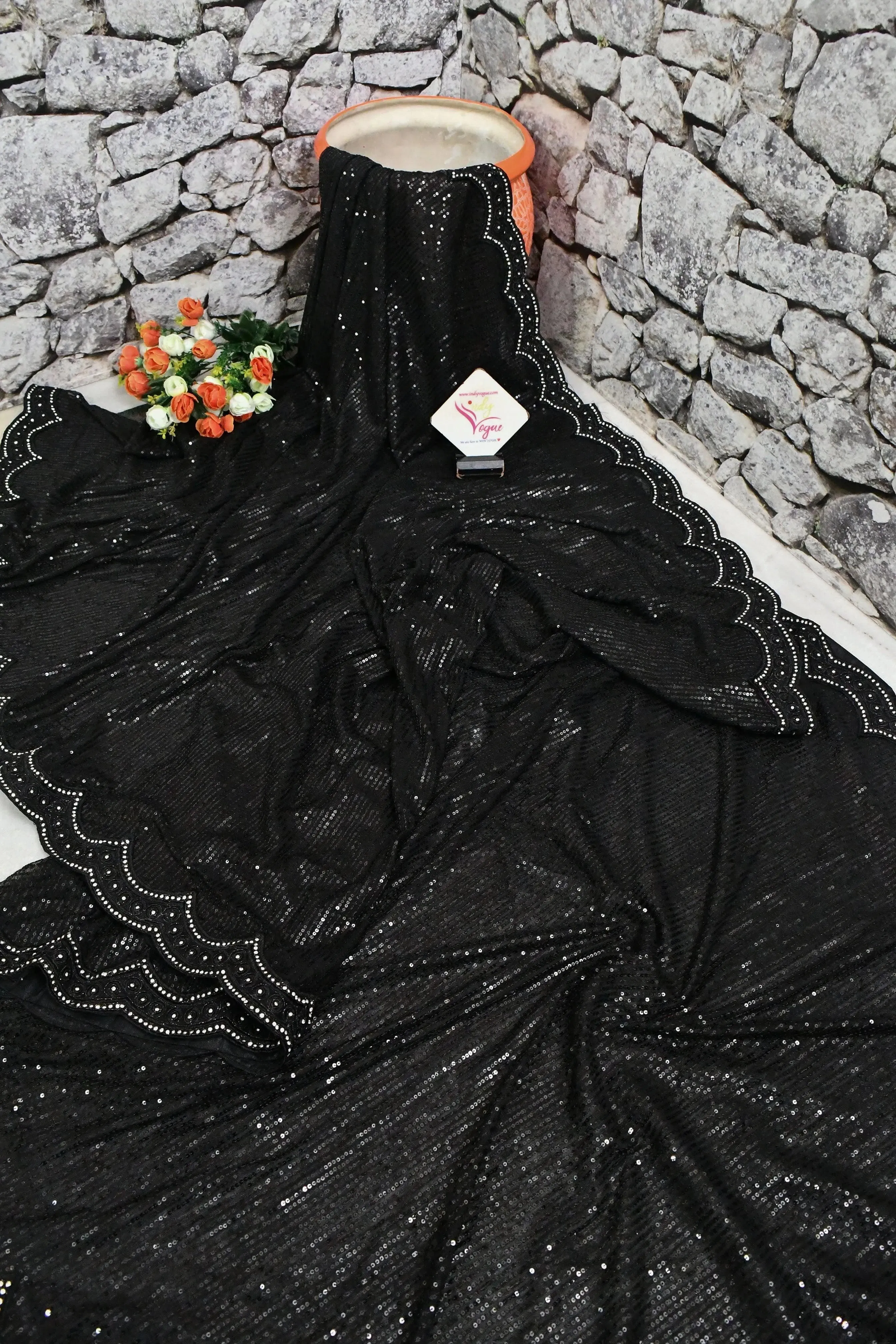 Black Color Designer Net Saree with Sequin Embroidery and Scallop Border