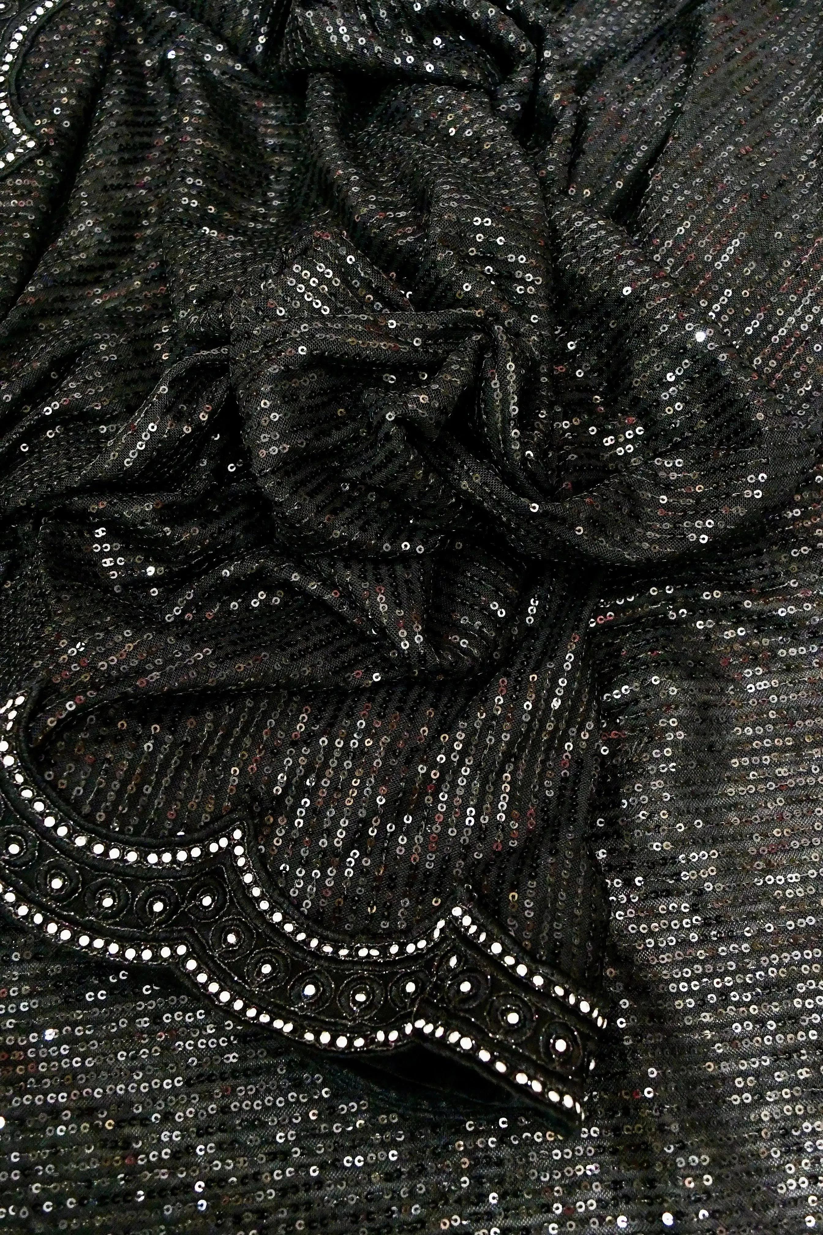 Black Color Designer Net Saree with Sequin Embroidery and Scallop Border