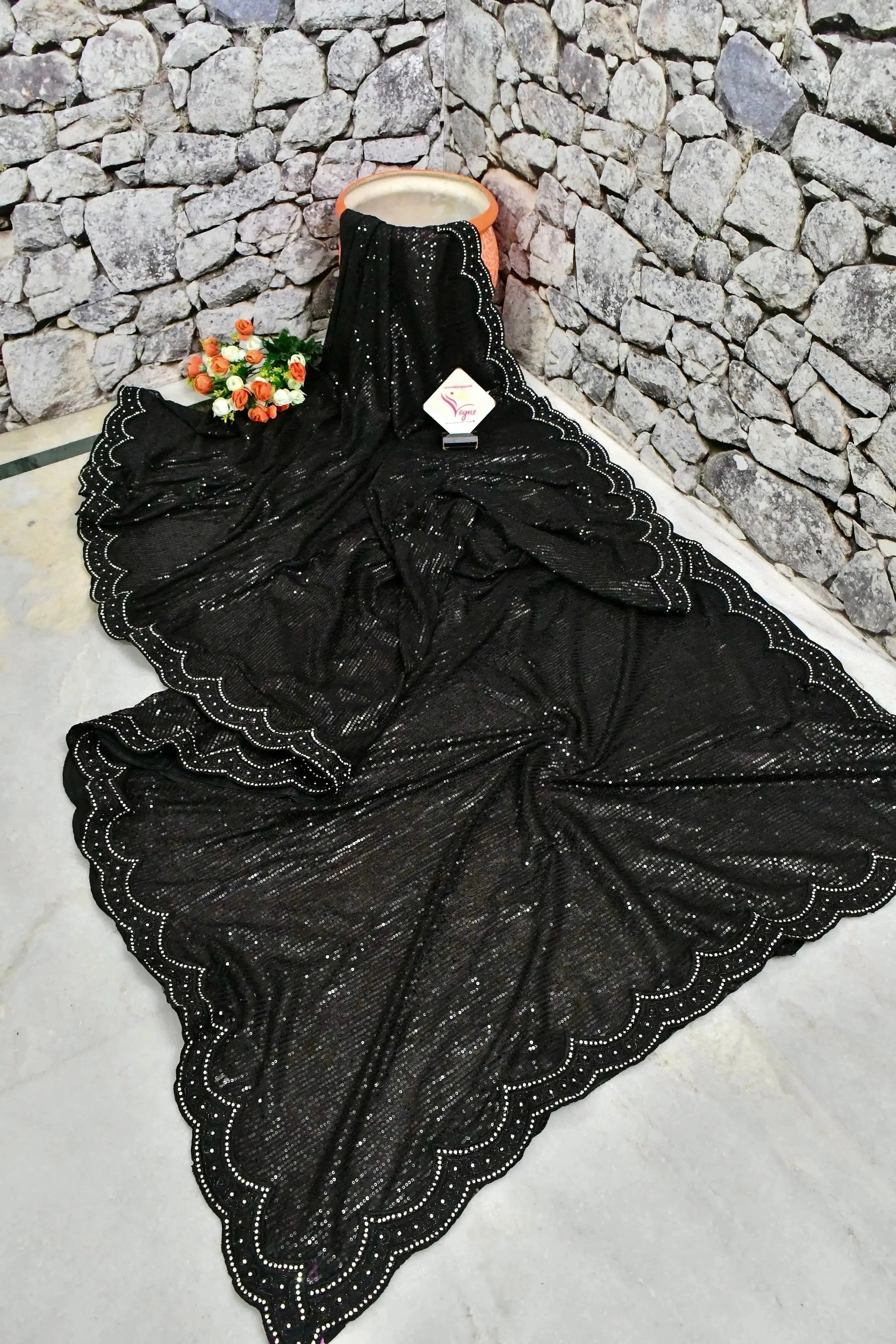 Black Color Designer Net Saree with Sequin Embroidery and Scallop Border