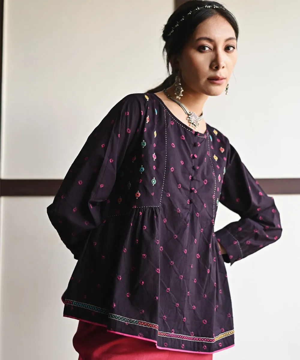 Black handembroidered cotton bandhej top