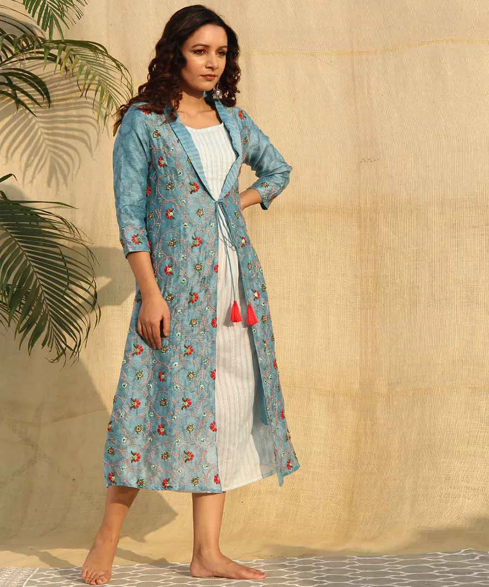 Blue hand embroridered chanderi silk long jacket