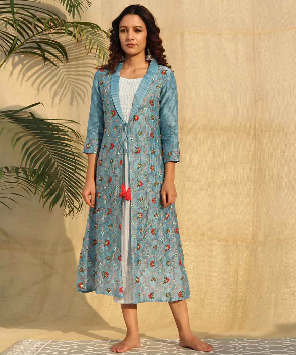 Blue hand embroridered chanderi silk long jacket