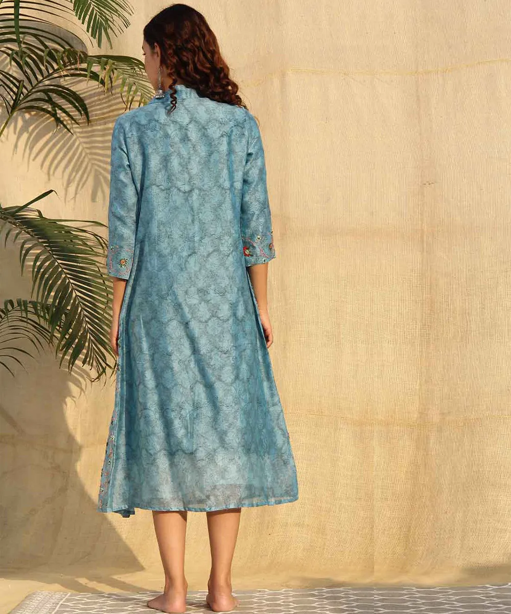 Blue hand embroridered chanderi silk long jacket