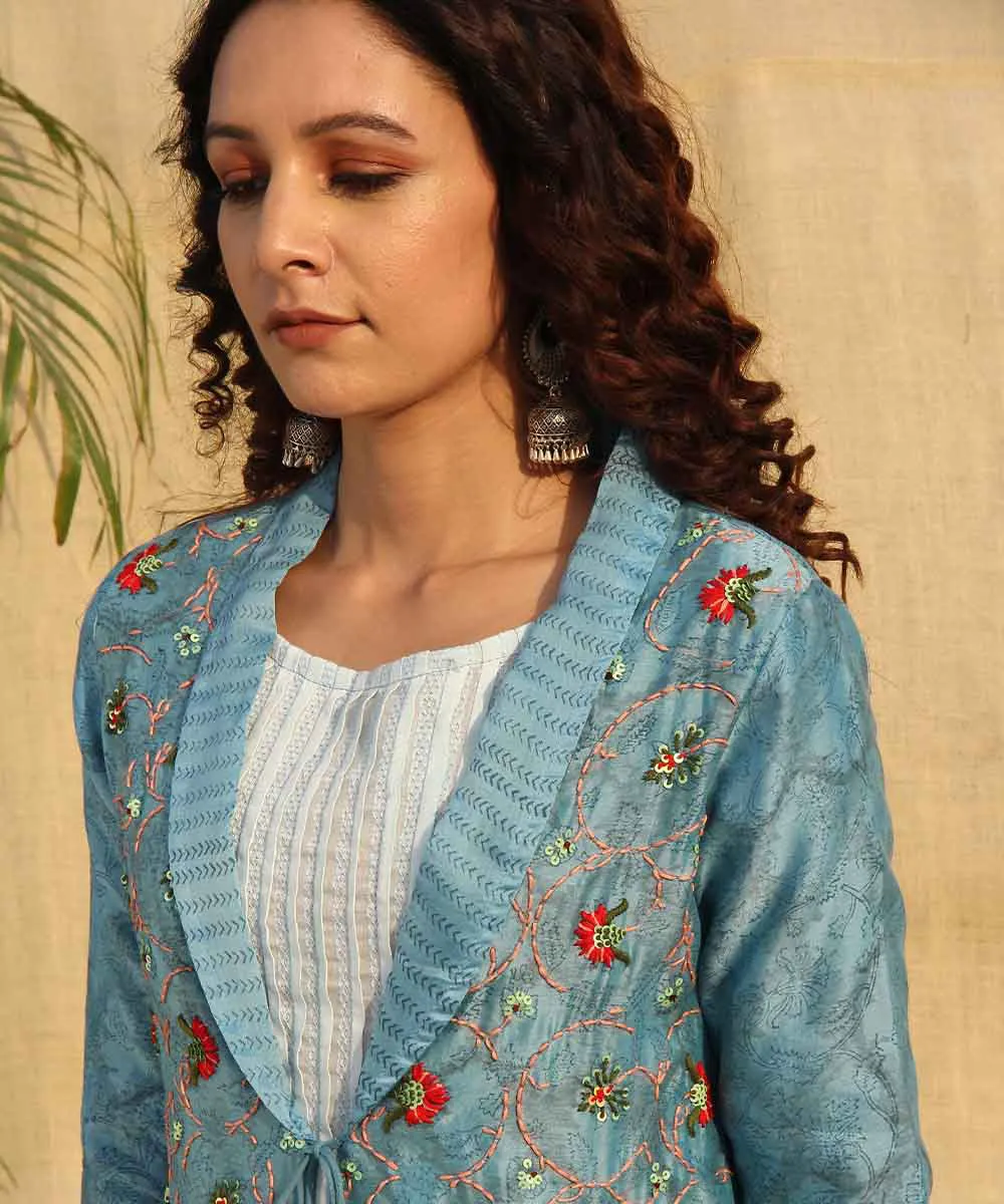 Blue hand embroridered chanderi silk long jacket