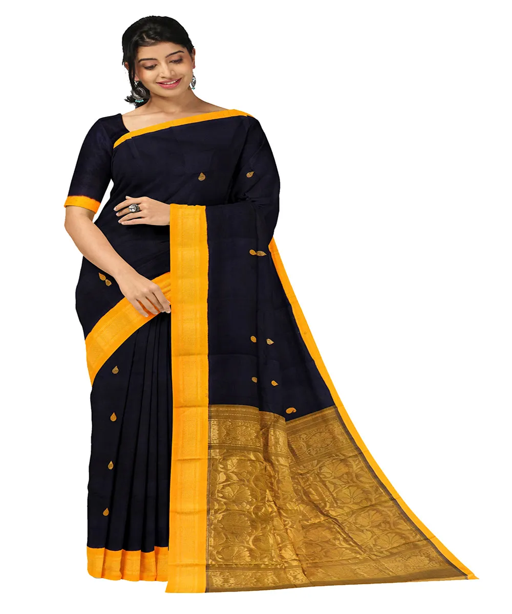 Blue yellow plain butta handwoven rajahmundry cotton saree