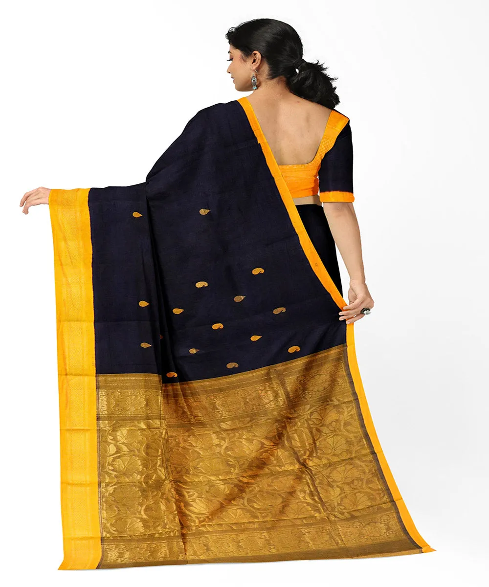 Blue yellow plain butta handwoven rajahmundry cotton saree