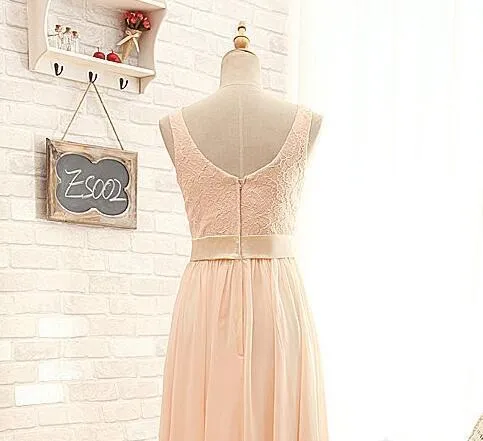 Blush Pink Lace Chiffon Scoop Sleeveless A-Line Zipper Floor-Length Long Bridesmaid Dresses