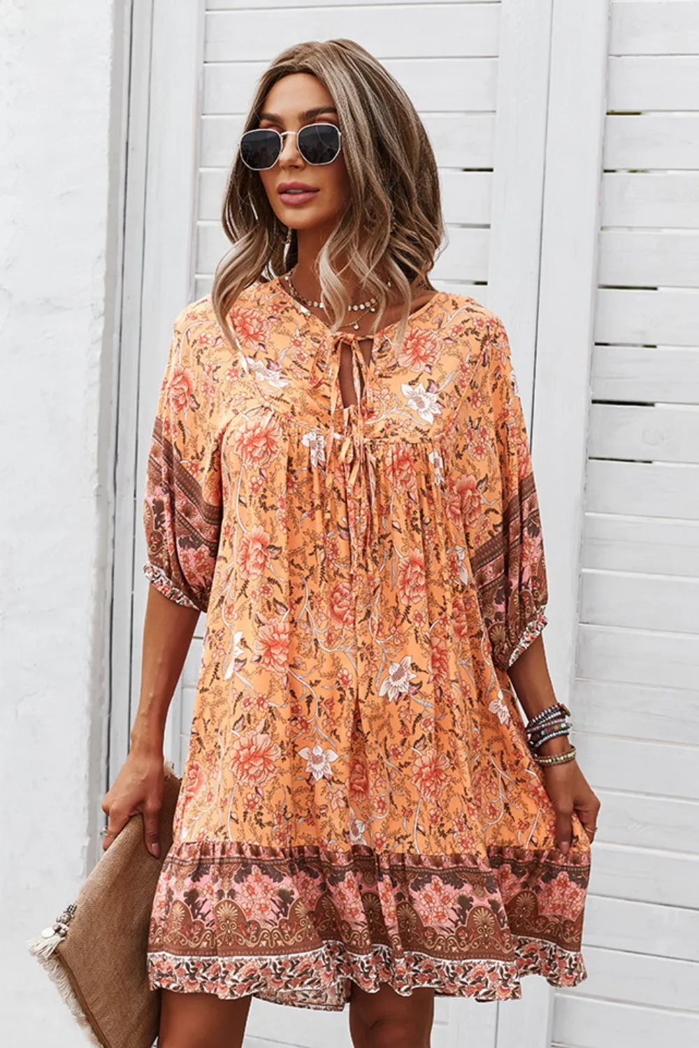 Bohemian Mini Dress with Tie Neck - Ideal Summer Beach Wedding Guest Outfit for Women