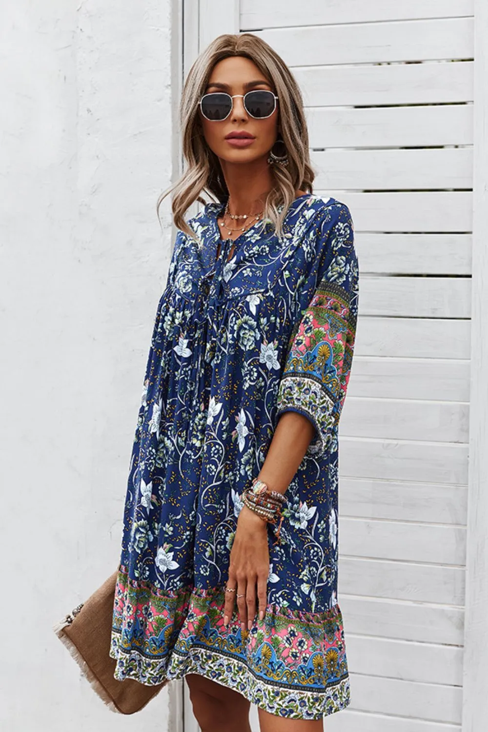 Bohemian Mini Dress with Tie Neck - Ideal Summer Beach Wedding Guest Outfit for Women