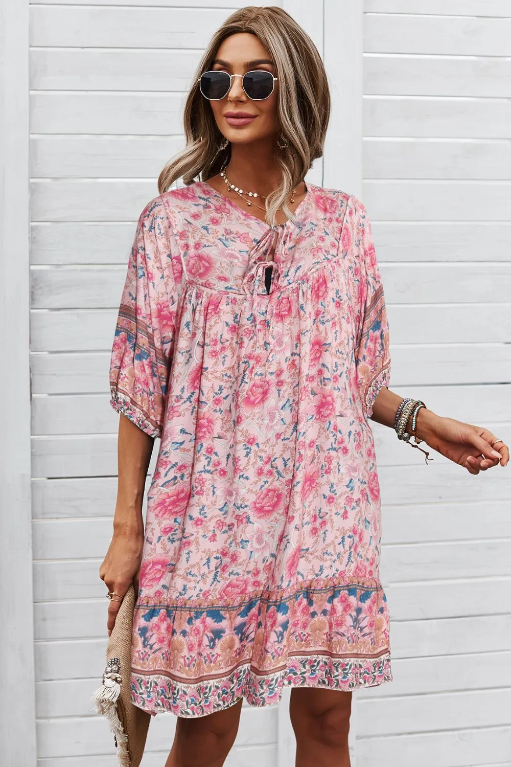 Bohemian Mini Dress with Tie Neck - Ideal Summer Beach Wedding Guest Outfit for Women