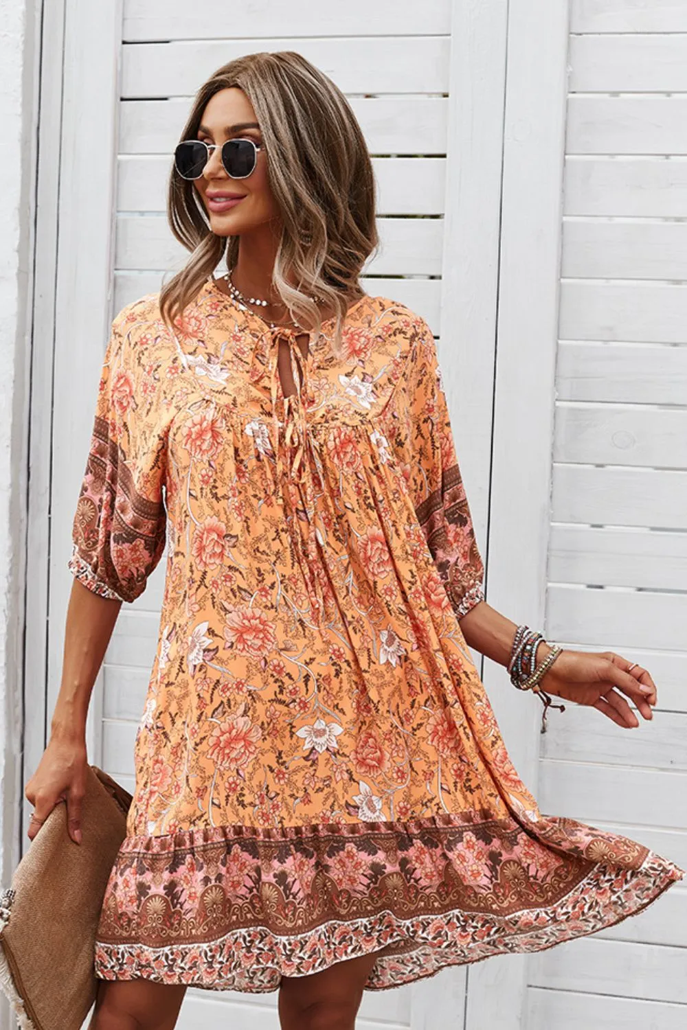 Bohemian Mini Dress with Tie Neck - Ideal Summer Beach Wedding Guest Outfit for Women