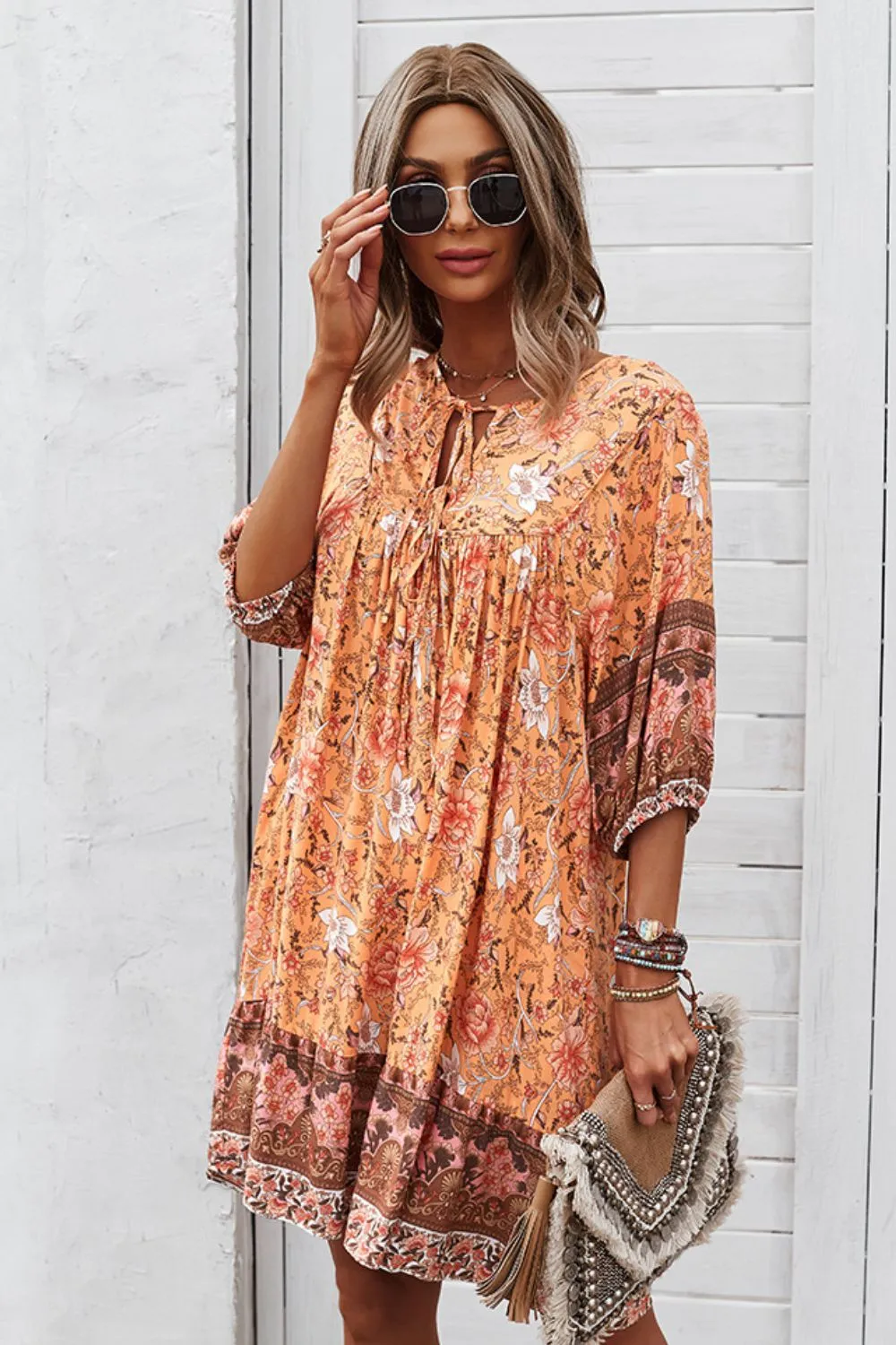 Bohemian Mini Dress with Tie Neck - Ideal Summer Beach Wedding Guest Outfit for Women