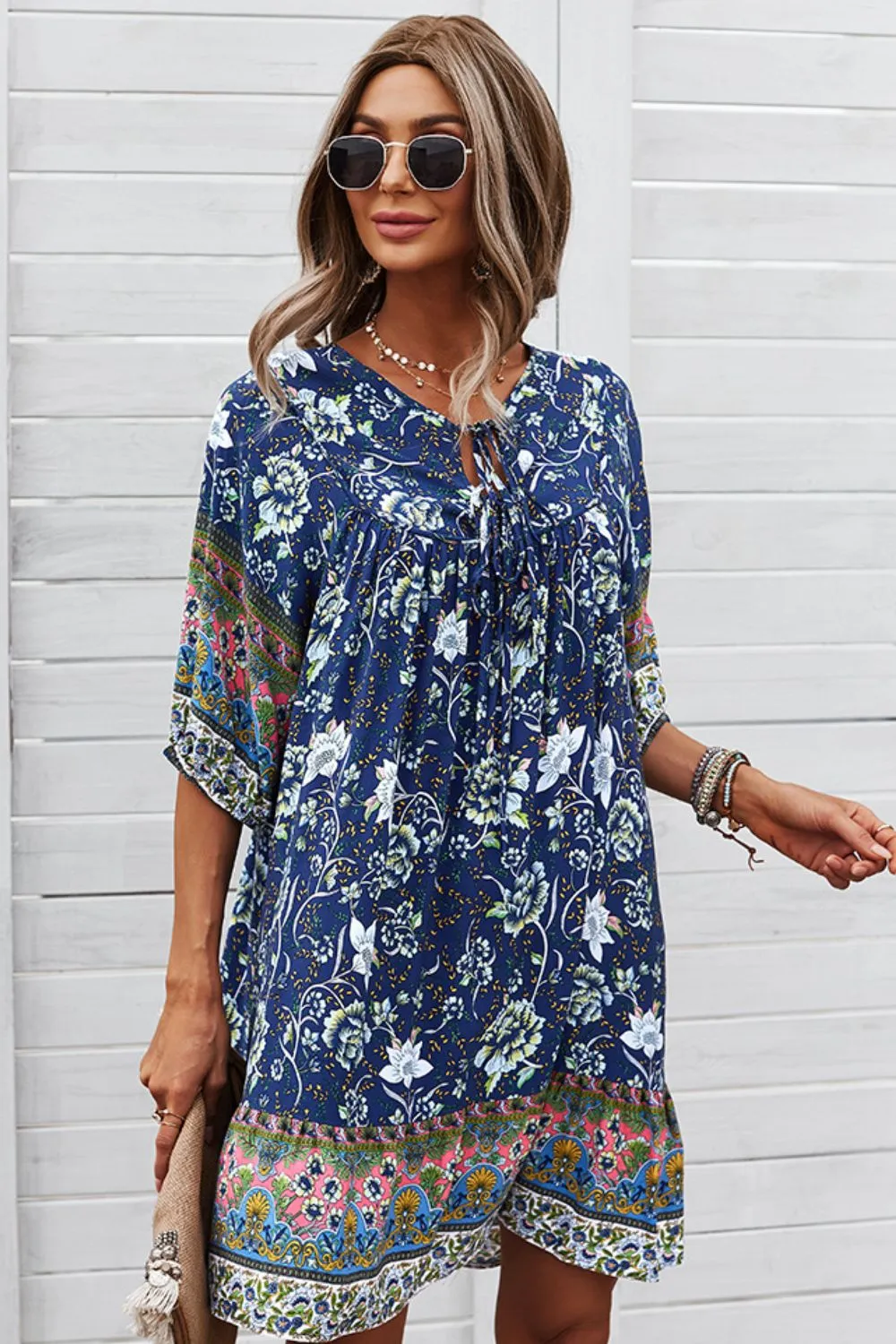 Bohemian Mini Dress with Tie Neck - Ideal Summer Beach Wedding Guest Outfit for Women