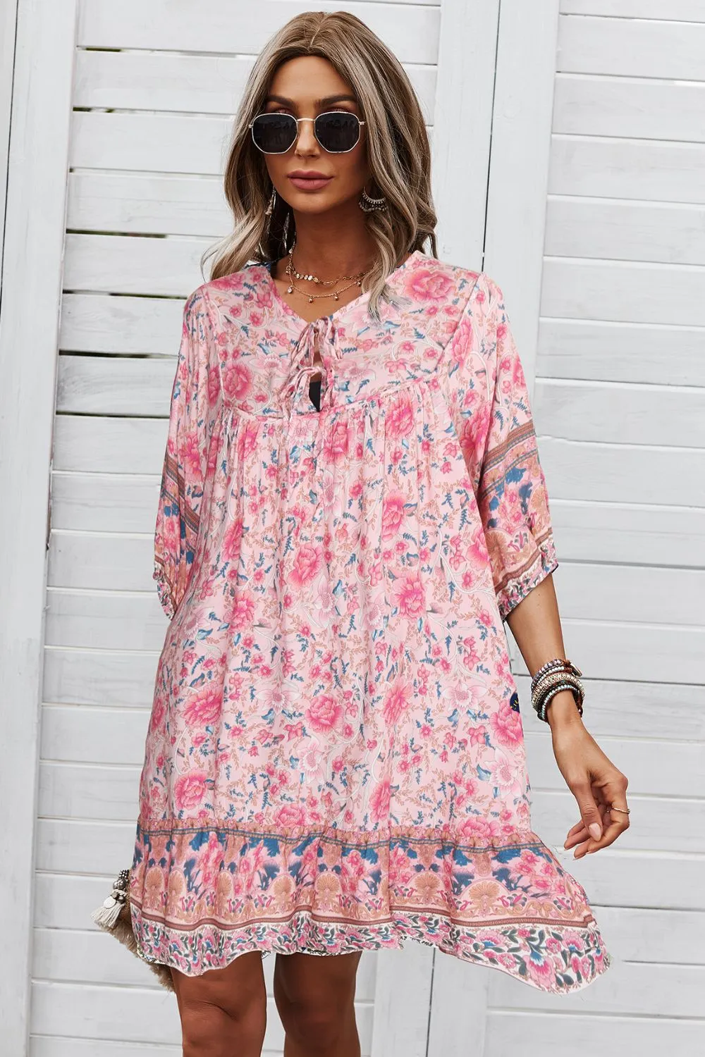 Bohemian Mini Dress with Tie Neck - Ideal Summer Beach Wedding Guest Outfit for Women