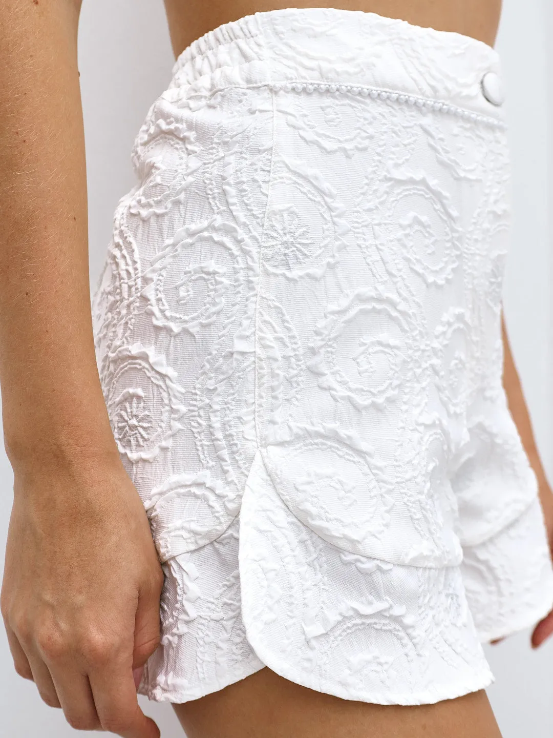 Brigitte Jacquard High Waist Frill Shorts | Ivory Luxe