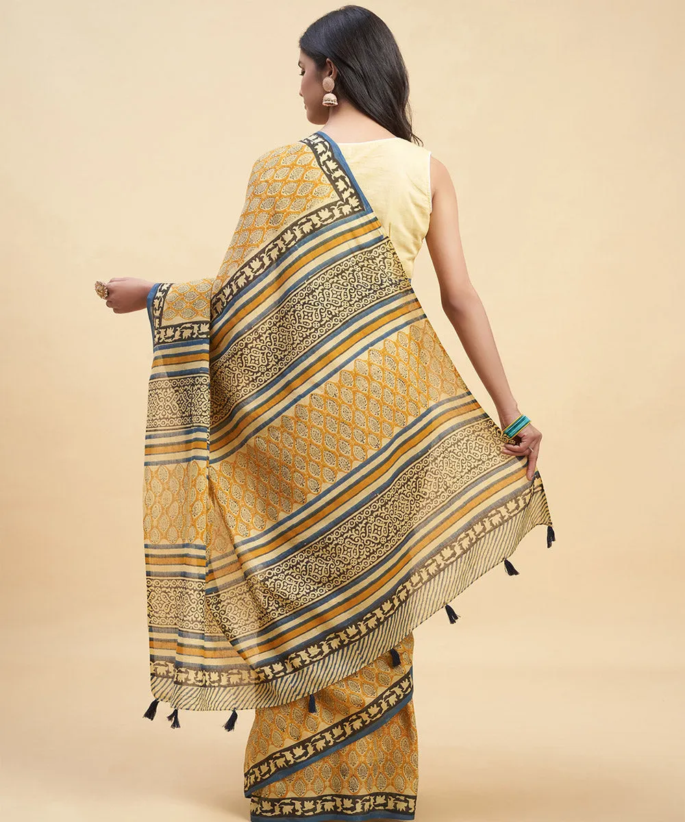 Brown mustard cotton hand block sanganeri printed saree