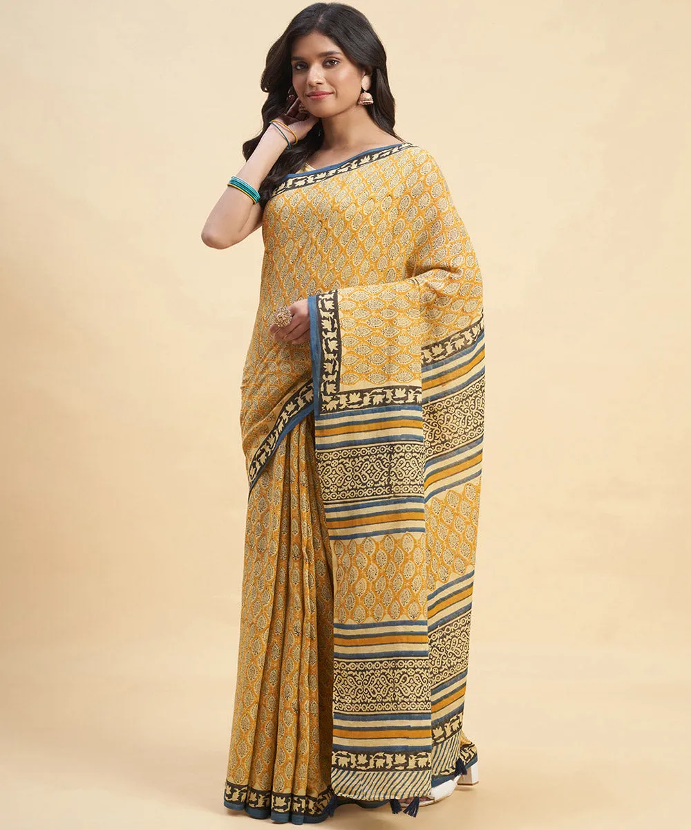 Brown mustard cotton hand block sanganeri printed saree