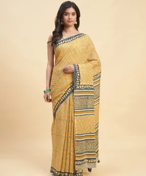 Brown mustard cotton hand block sanganeri printed saree