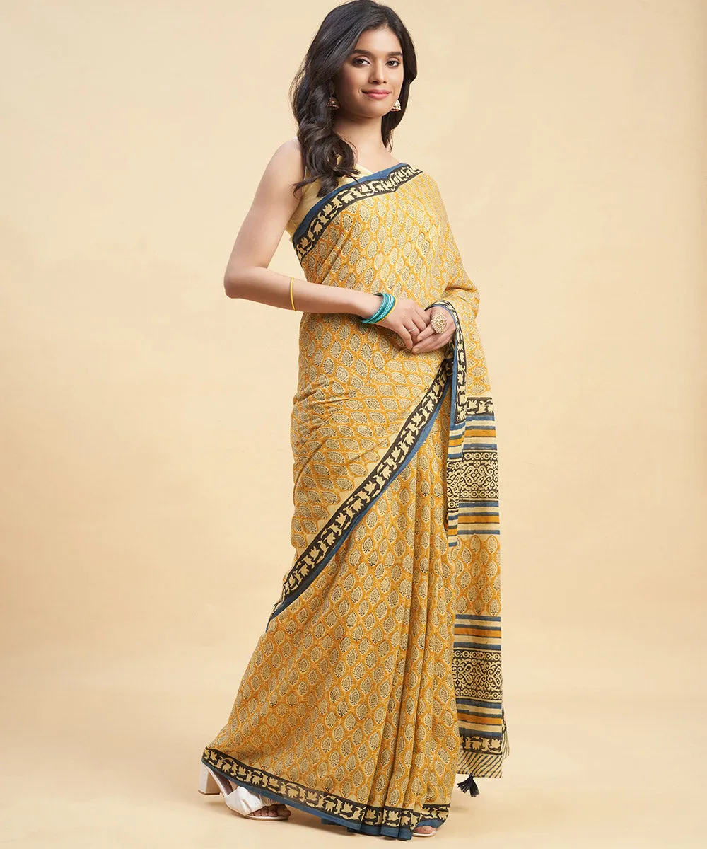 Brown mustard cotton hand block sanganeri printed saree