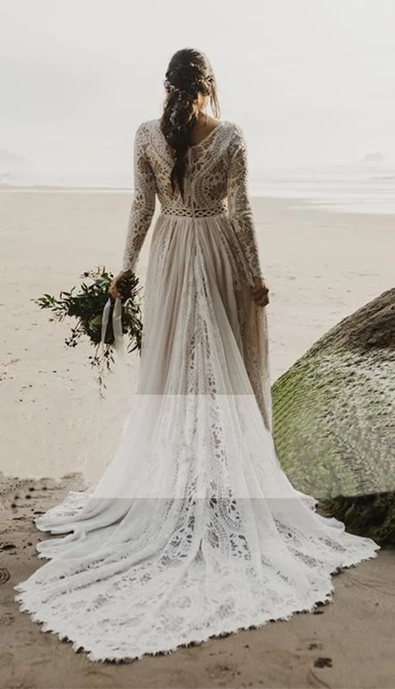 Charming A Line Long Sleeves V Neck Lace Ivory Beach Wedding Dresses, Bridal STK20395