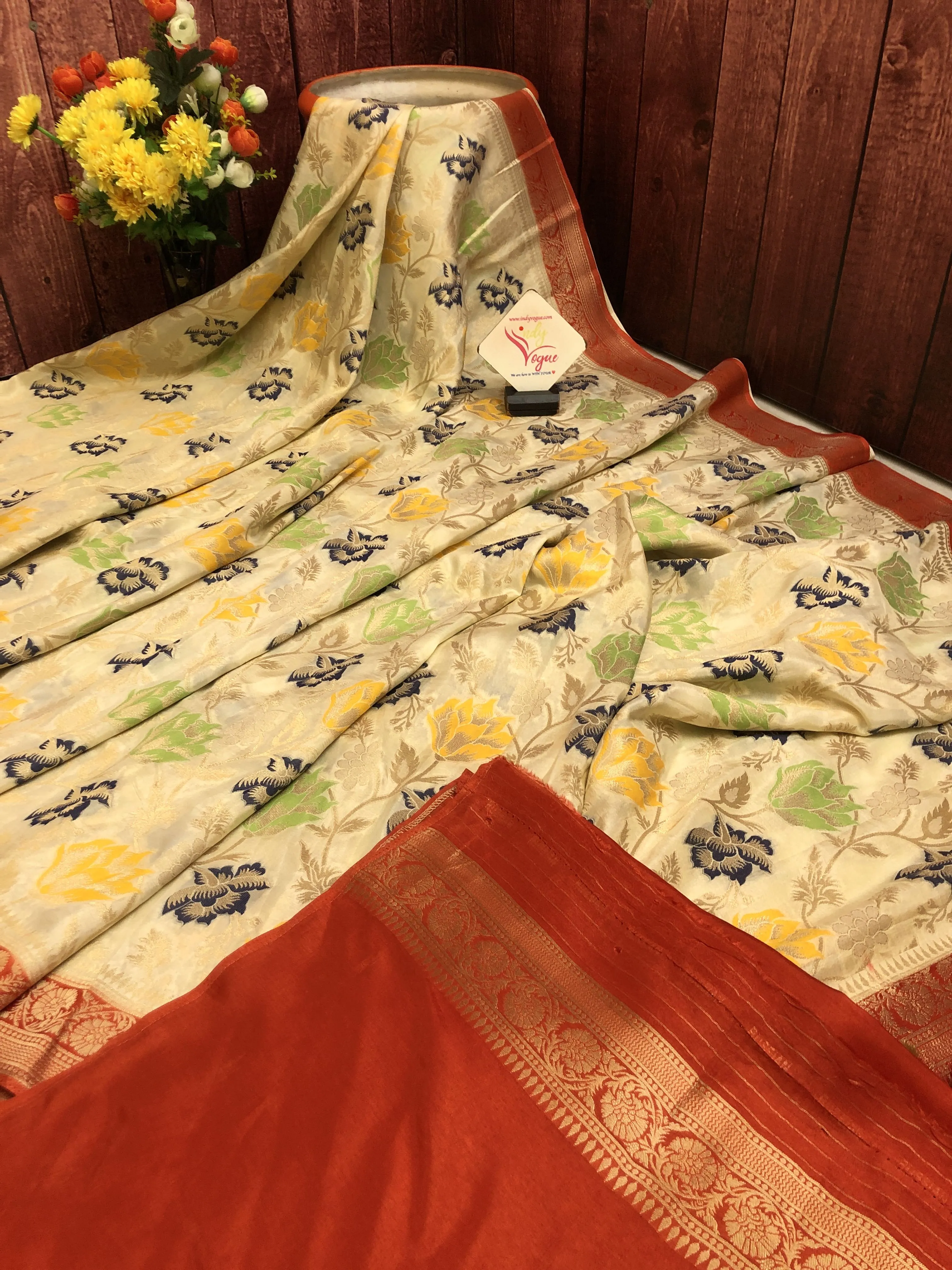 Cream and Red Color Muga Banarasi Silk Saree