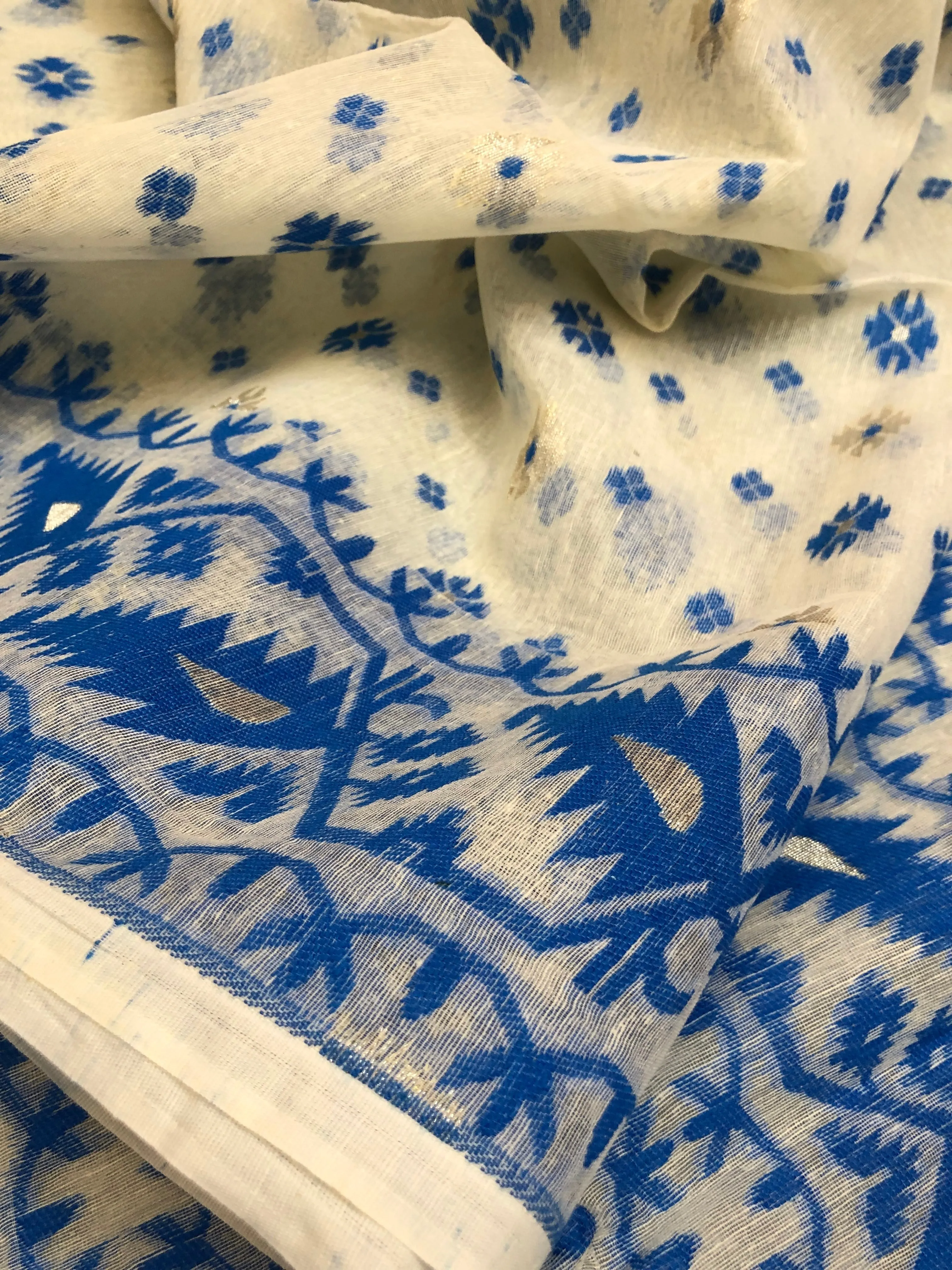 Cream White and Deep Blue Color Jamdani Saree