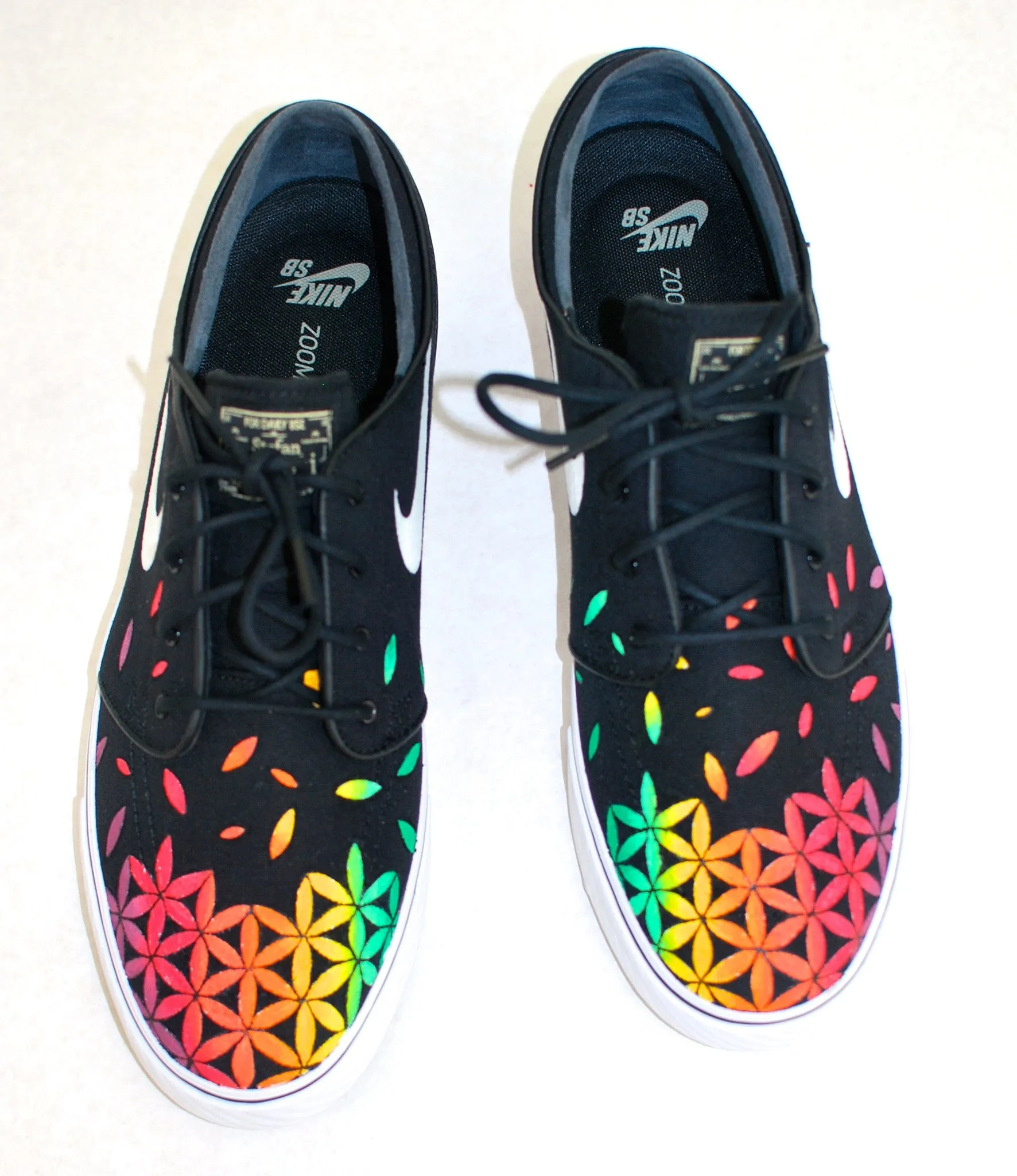 Custom Hand Painted Nike Zoom Stefan Janoski Sneakers - Rasta Sacred Geometry Flower of Life pattern