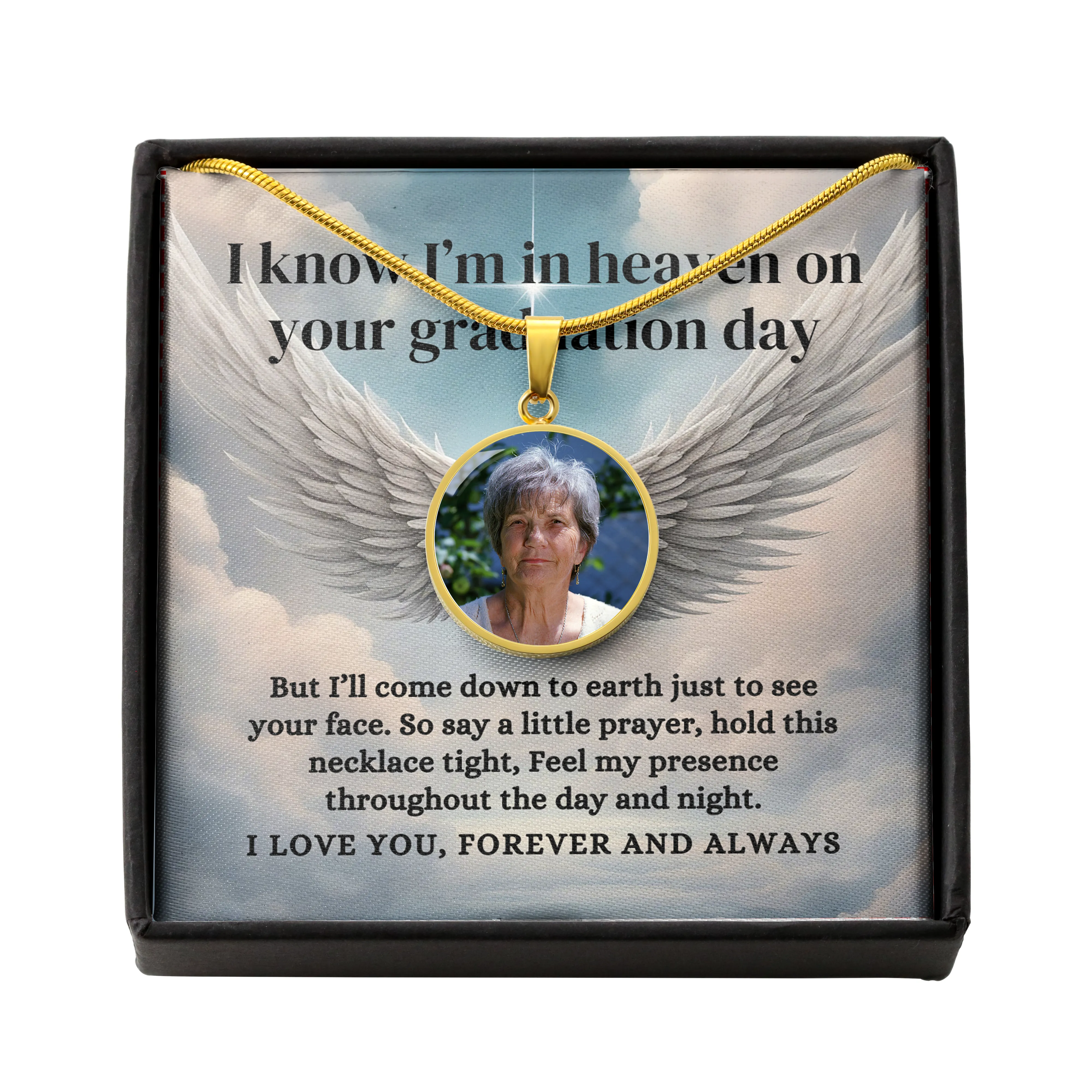 Custom Photo Memorial Round Pendant Necklace, I'm in Heaven on Your Graduation Day (Optional Engraving)