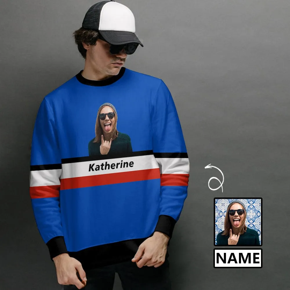 Custom Photo&Name Blue Funny Men's Crewneck Sweatshirt&2in1 Pockets Shorts Set