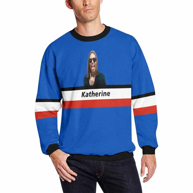 Custom Photo&Name Blue Funny Men's Crewneck Sweatshirt&2in1 Pockets Shorts Set