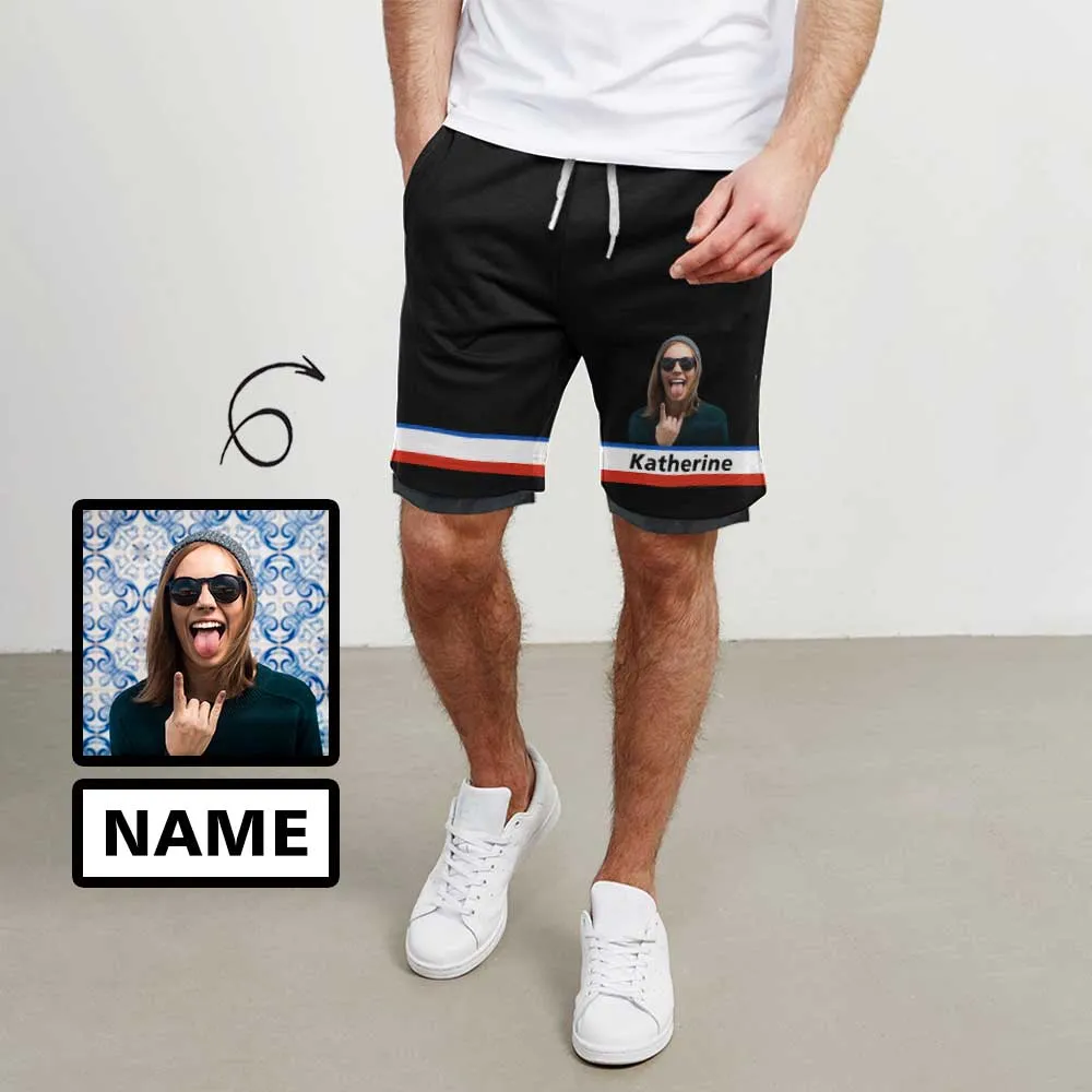 Custom Photo&Name Blue Funny Men's Crewneck Sweatshirt&2in1 Pockets Shorts Set