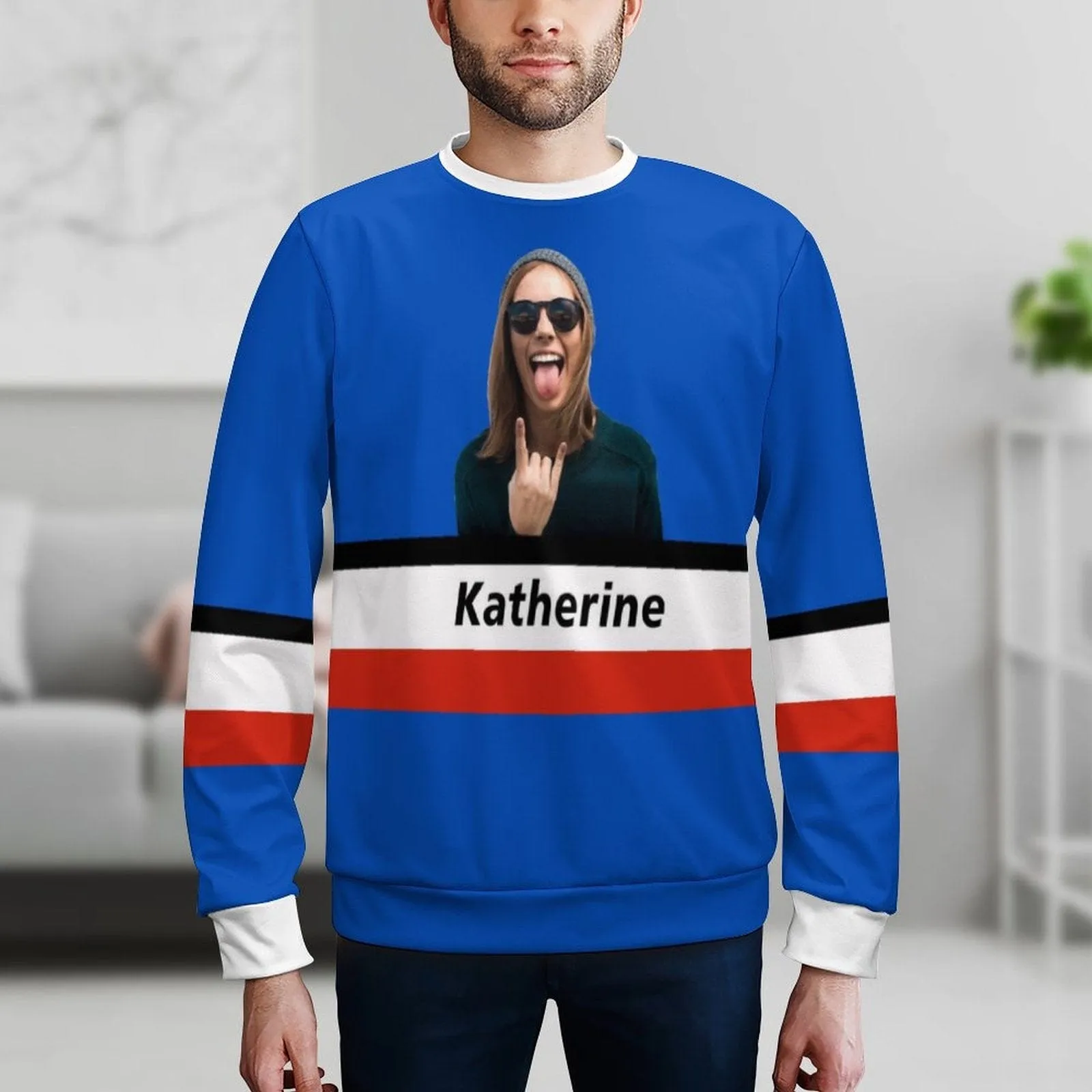 Custom Photo&Name Blue Funny Men's Crewneck Sweatshirt&2in1 Pockets Shorts Set