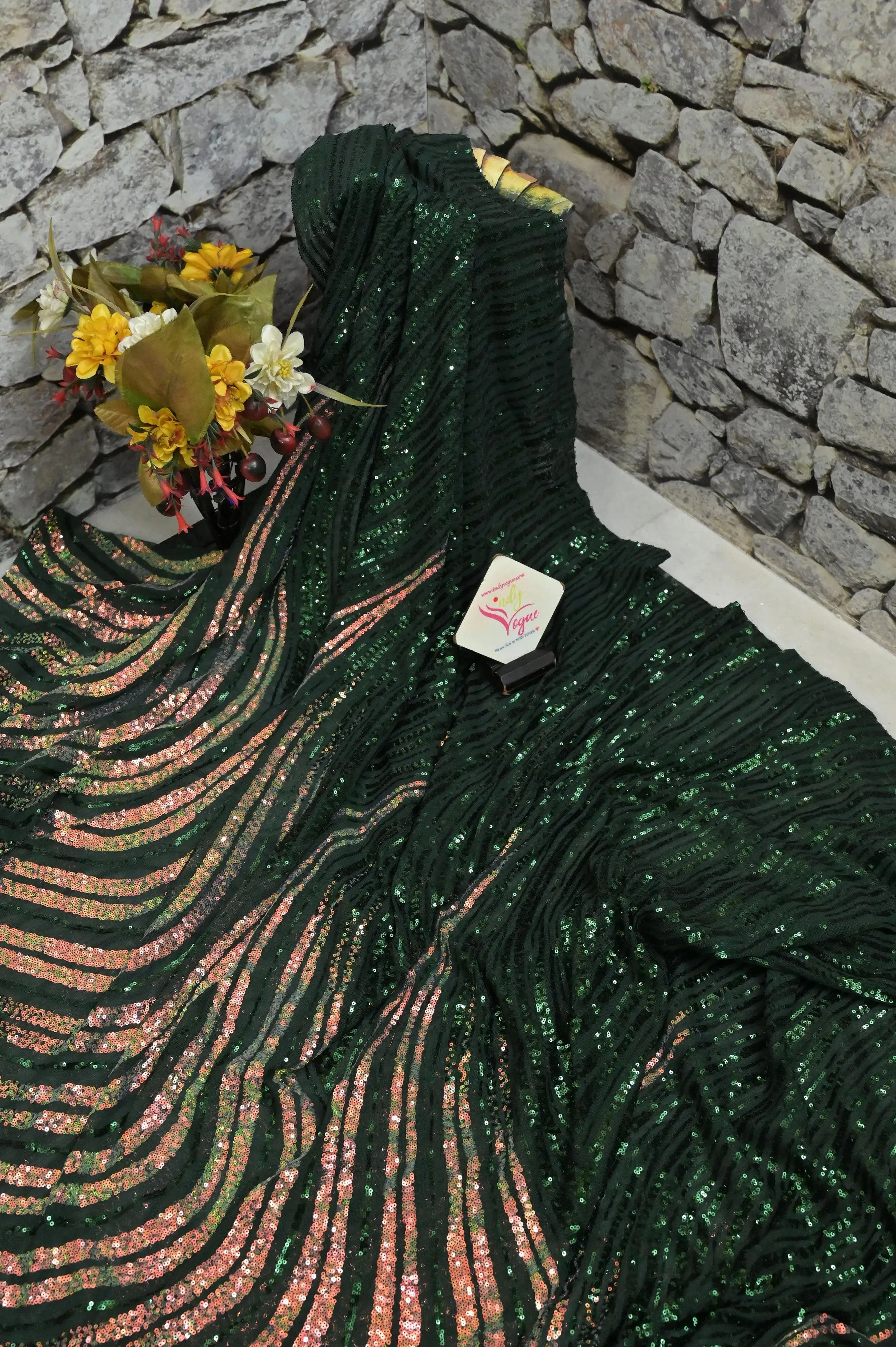 Dark Green Color Designer Net Saree with Sequin Weaving