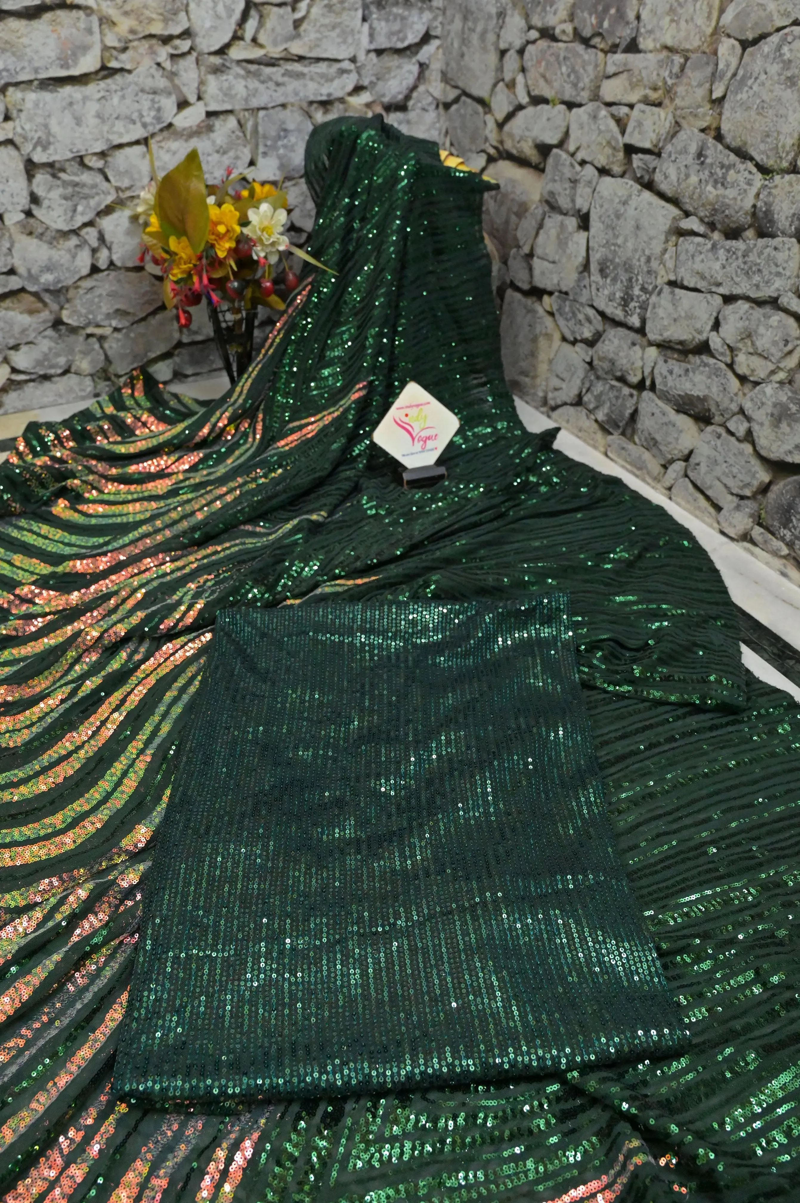 Dark Green Color Designer Net Saree with Sequin Weaving