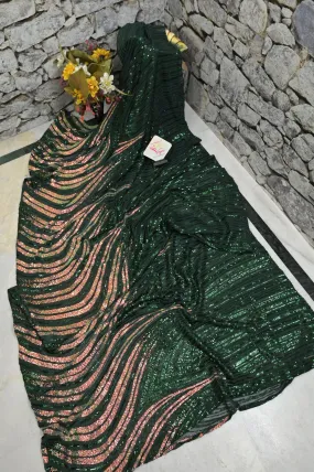 Dark Green Color Designer Net Saree with Sequin Weaving