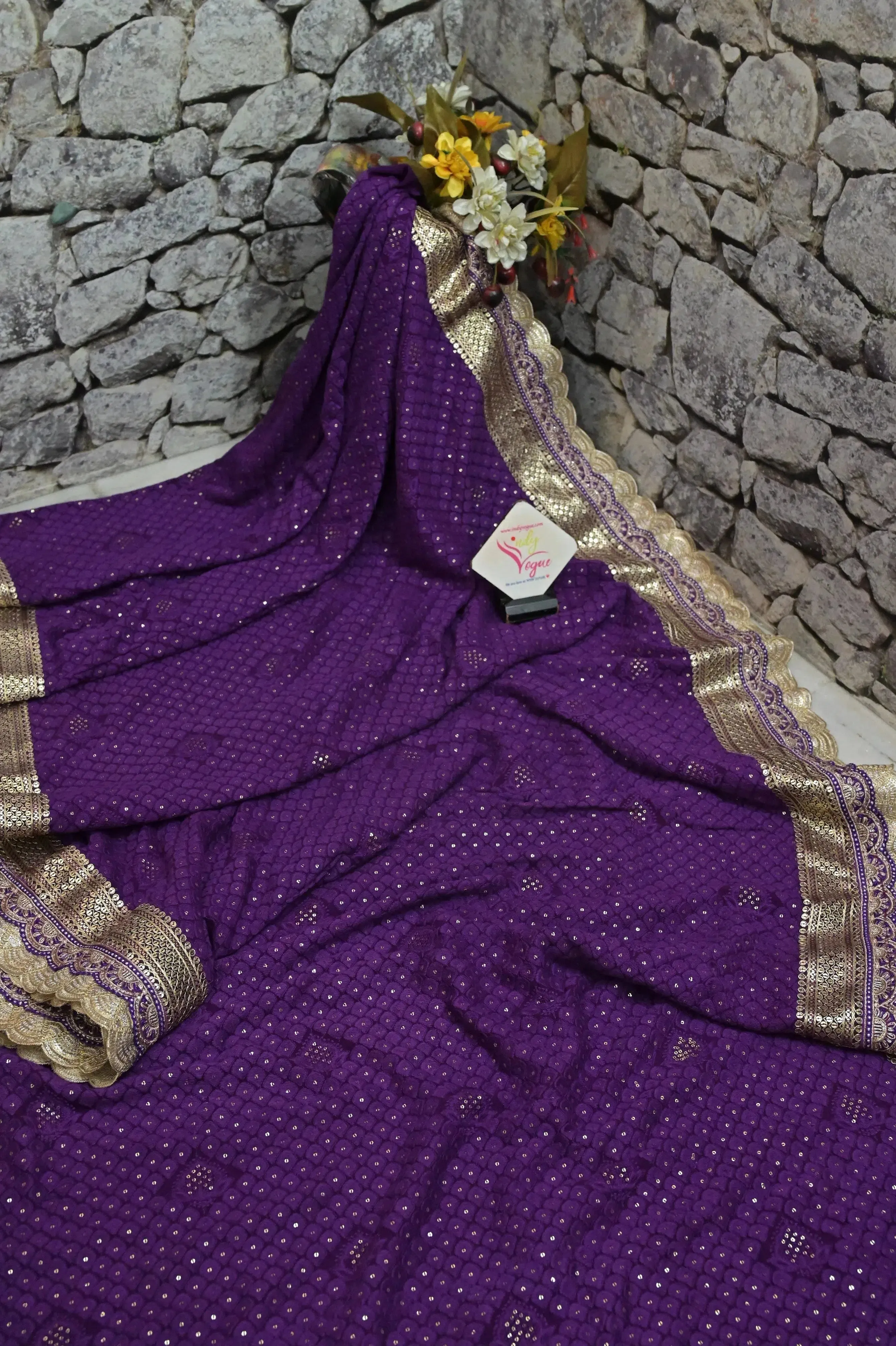 Deep Purple Color Pure Georgette Saree with Designer Zari Lace Border