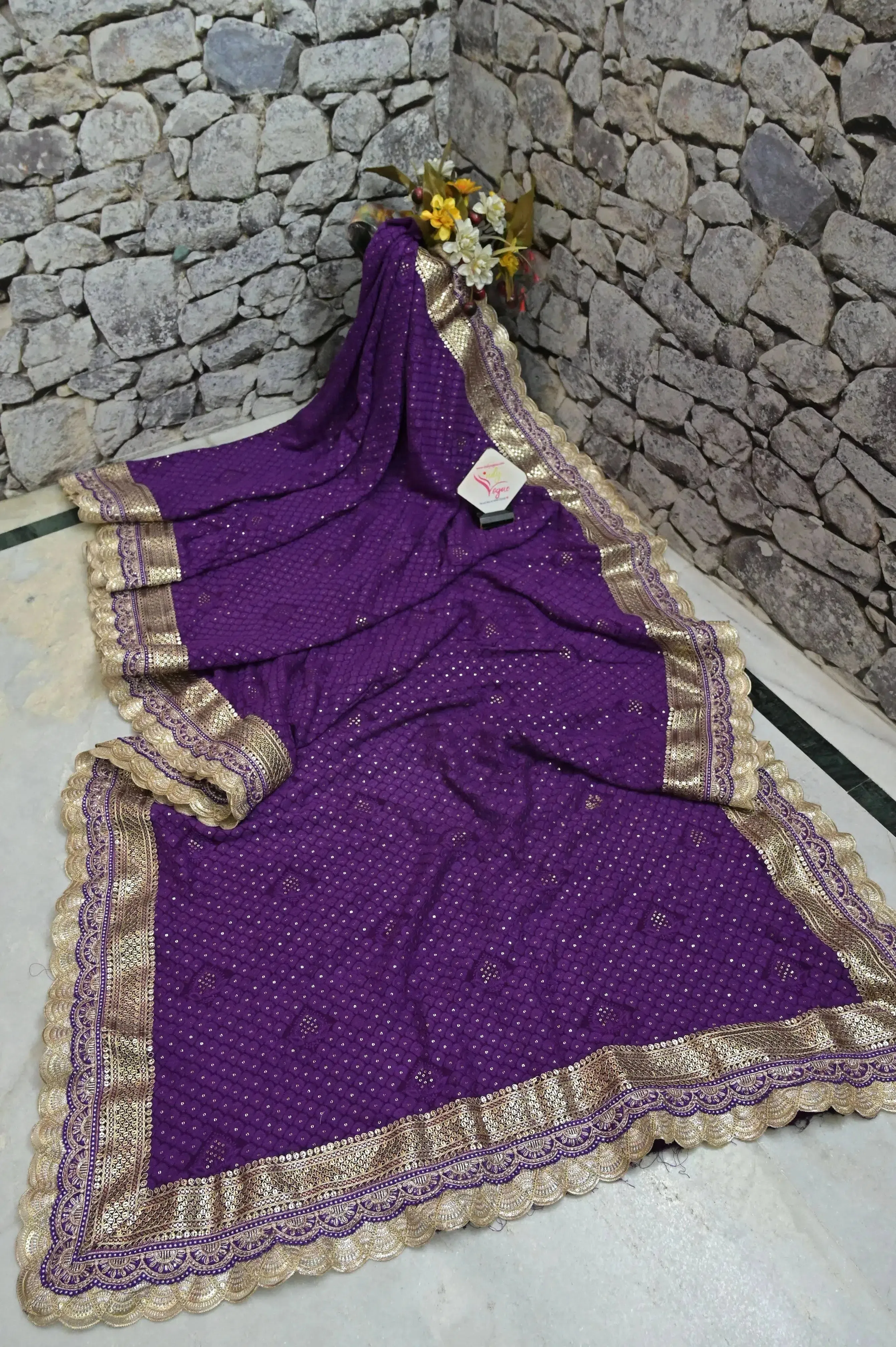 Deep Purple Color Pure Georgette Saree with Designer Zari Lace Border