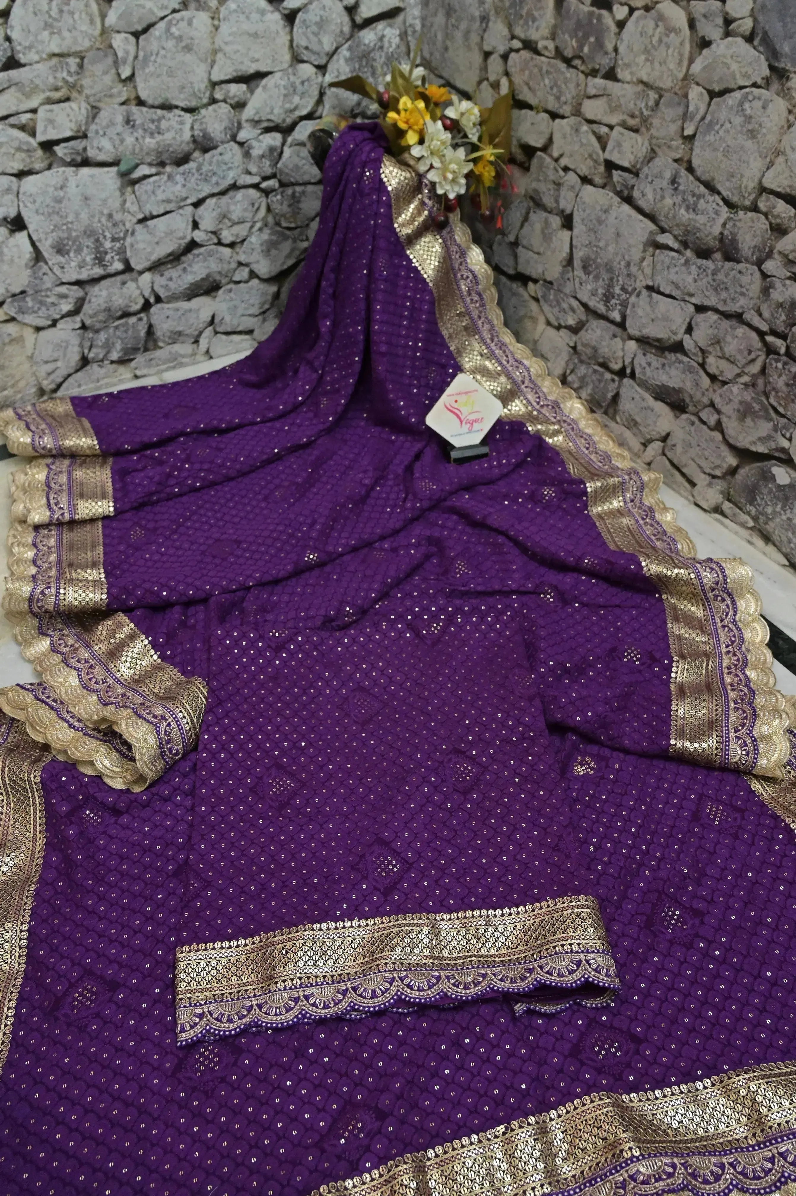 Deep Purple Color Pure Georgette Saree with Designer Zari Lace Border