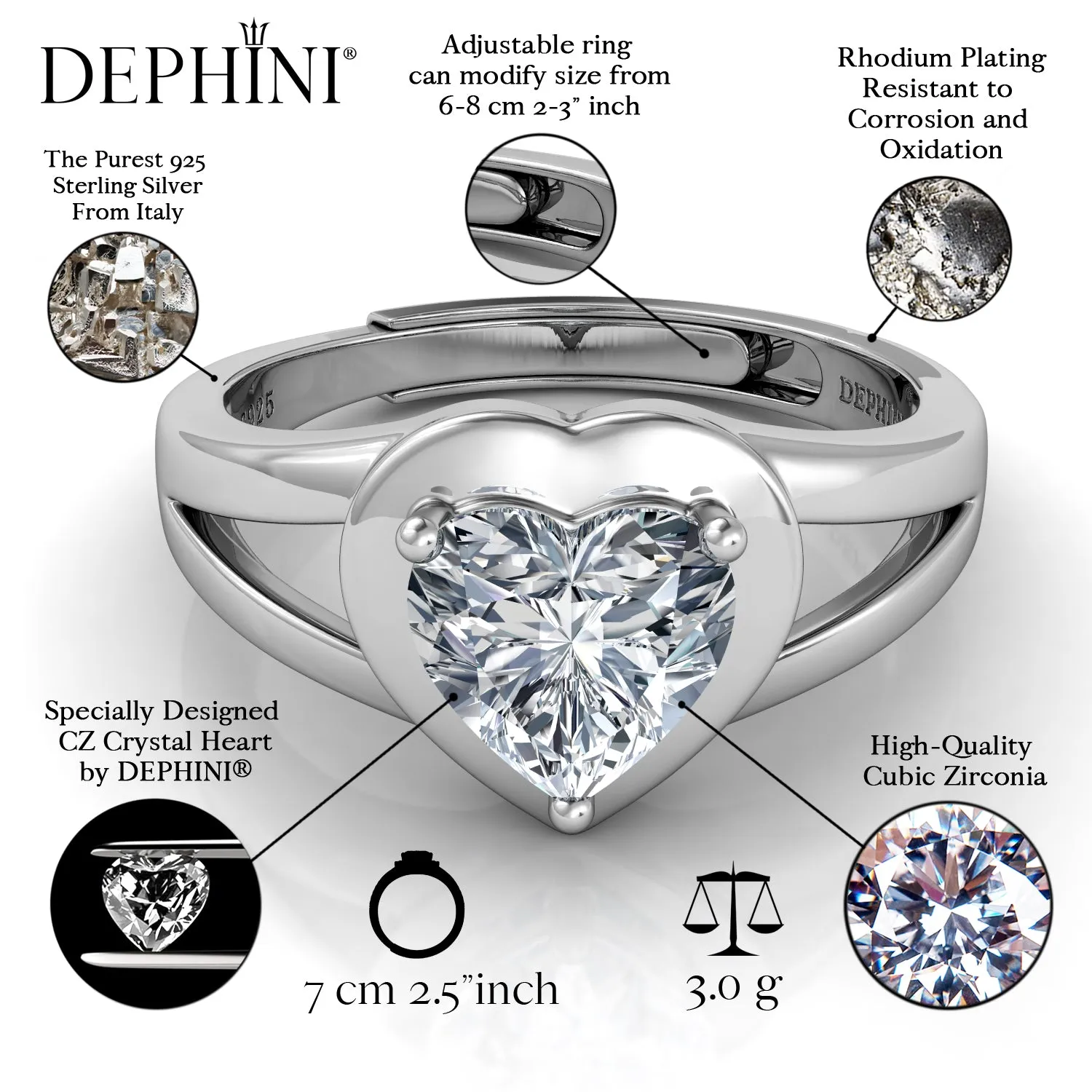 DEPHINI Luxury heart ring - 925 sterling silver CZ - Engagement ring for woman