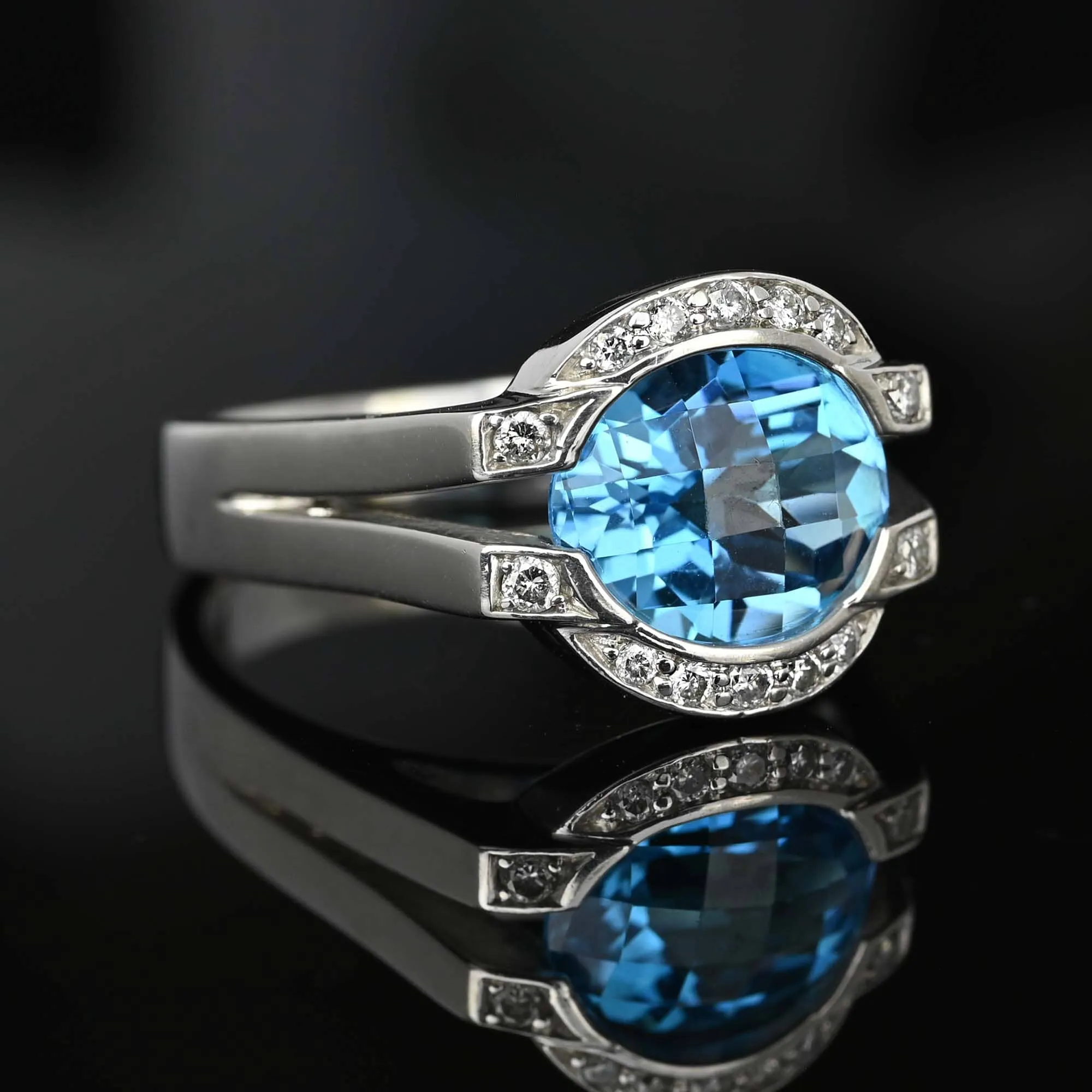 Diamond Floating Checkerboard Blue Topaz Ring in 14K White Gold