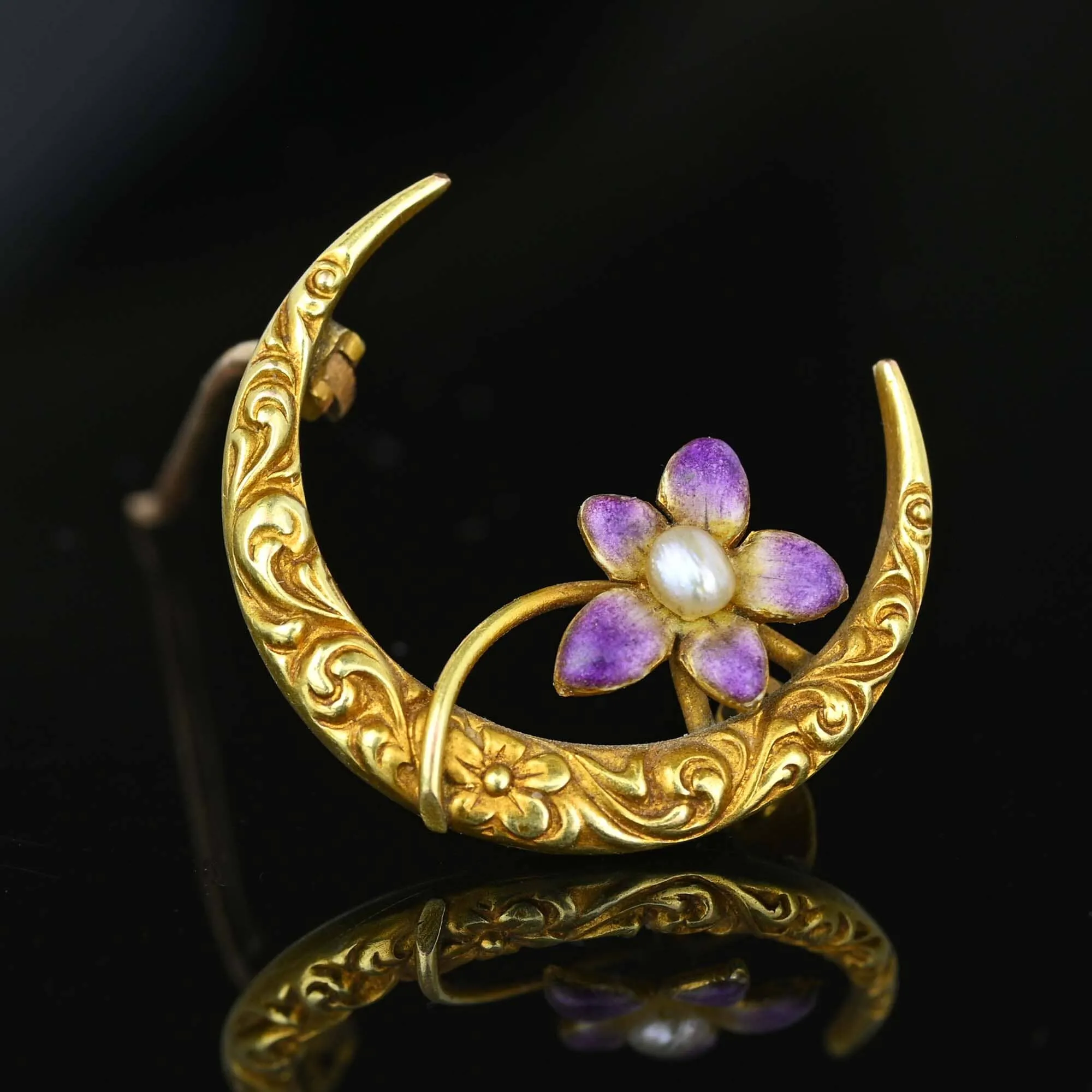 Edwardian Pearl Enamel Viola Crescent Moon Brooch