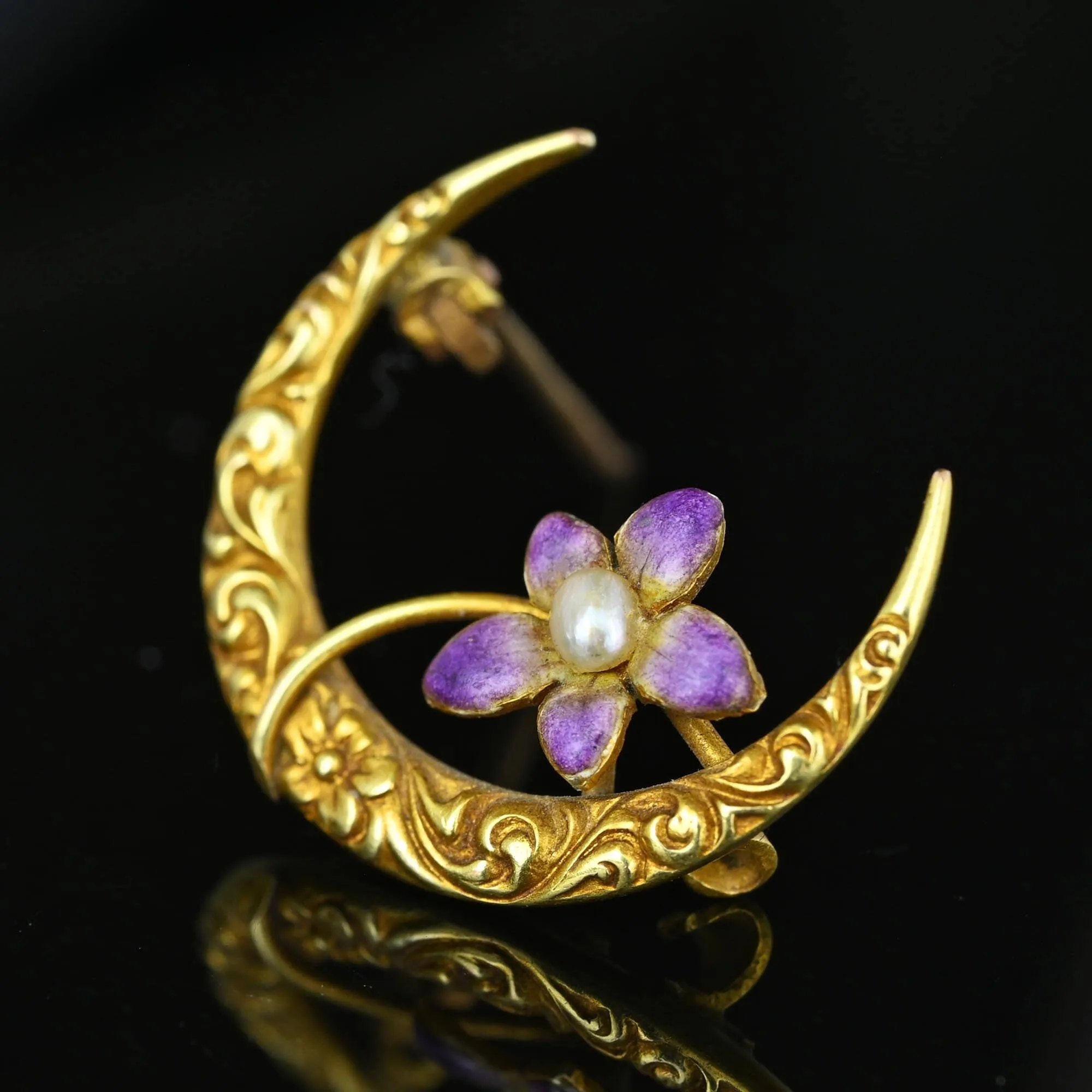 Edwardian Pearl Enamel Viola Crescent Moon Brooch