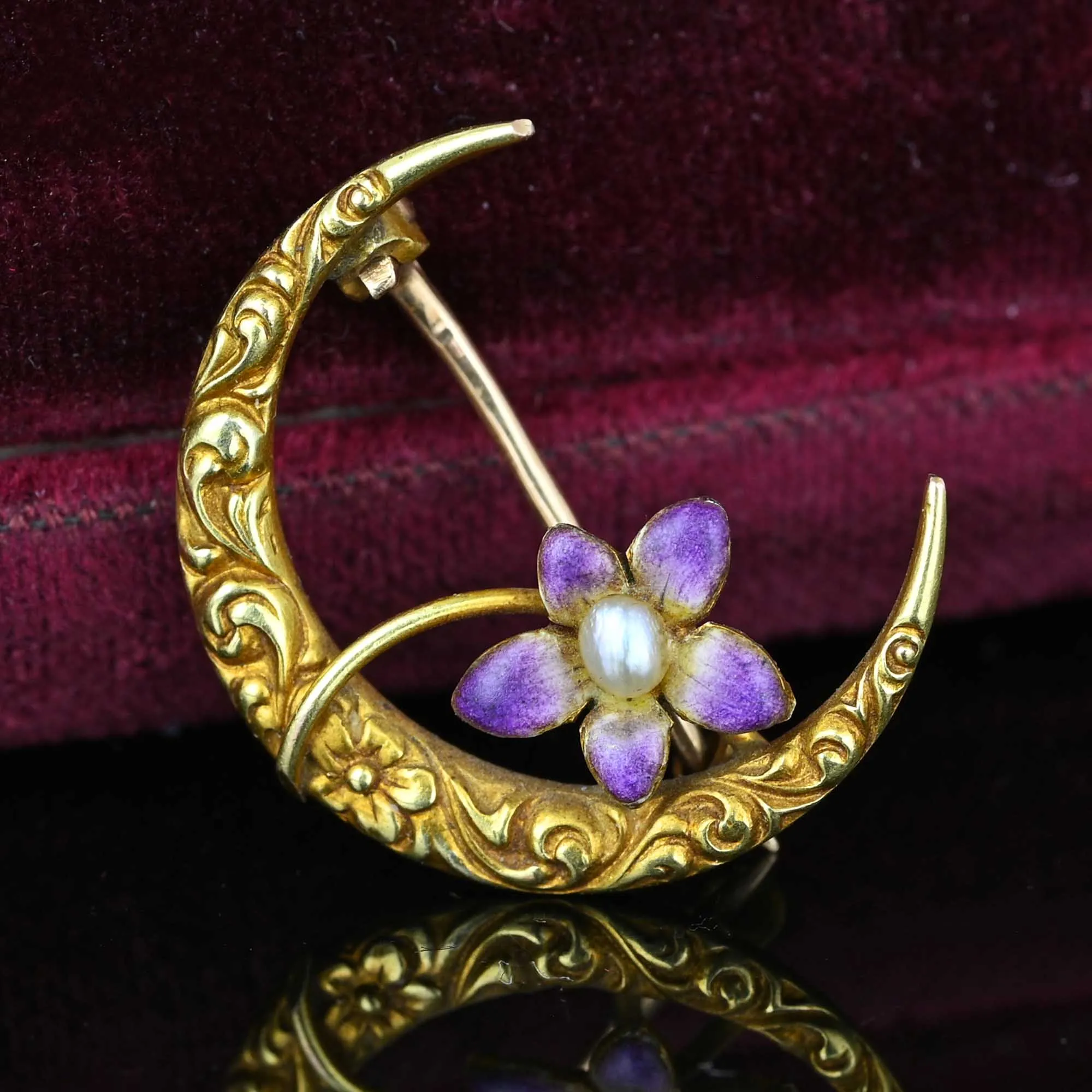 Edwardian Pearl Enamel Viola Crescent Moon Brooch