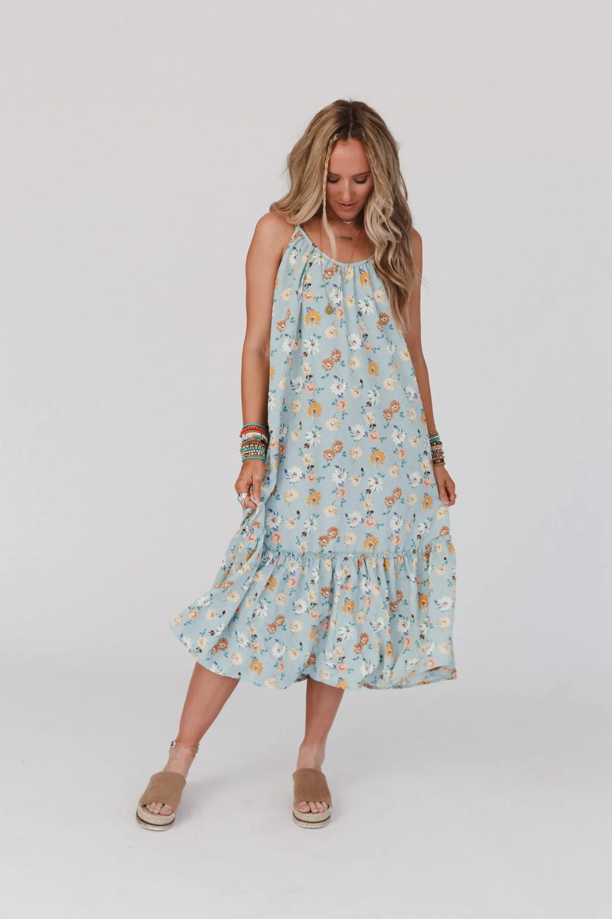 Elliotte Floral Ruffle Midi Dress - Seafoam