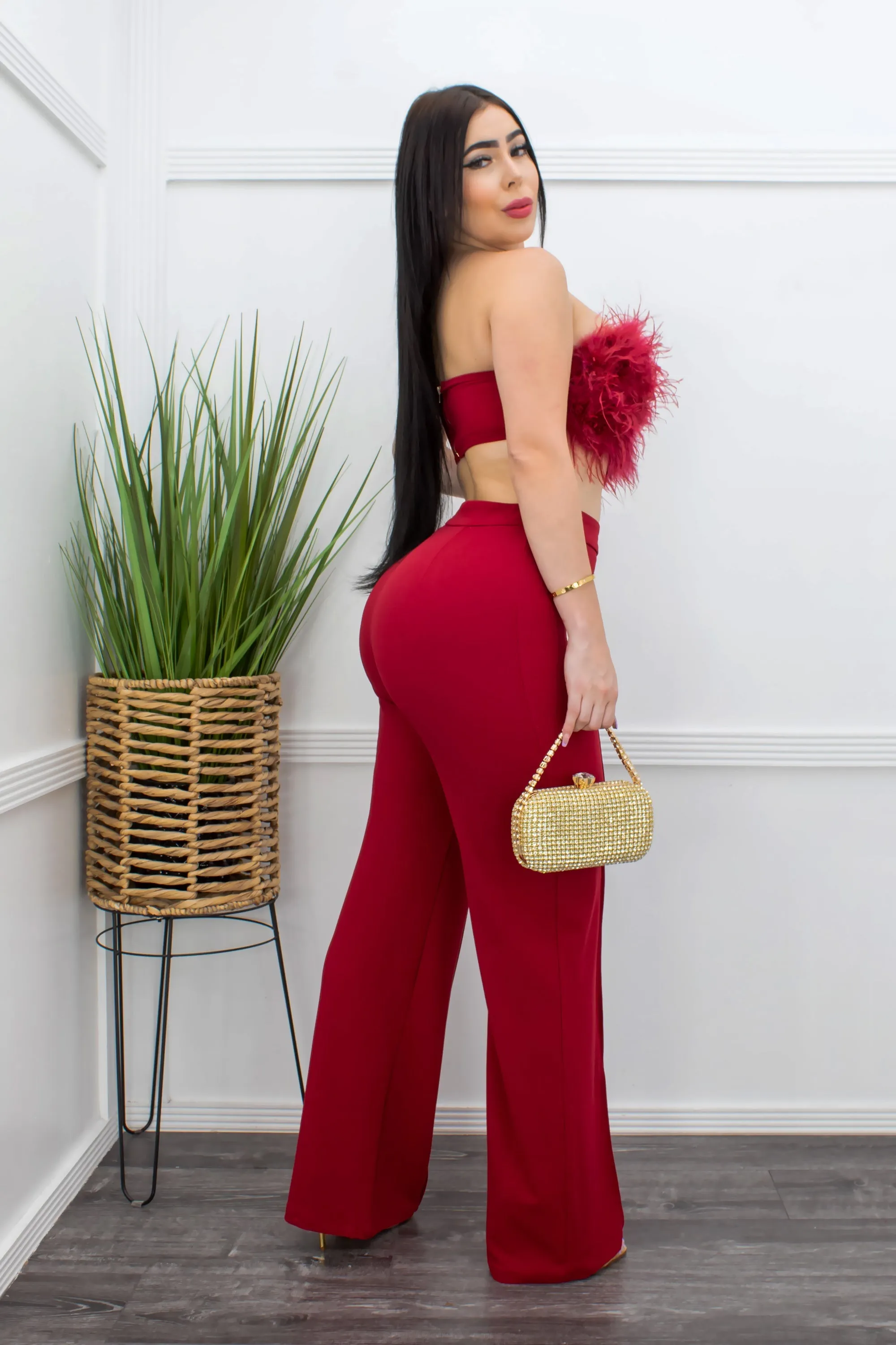 Feather Two Pieces Top Pant Set