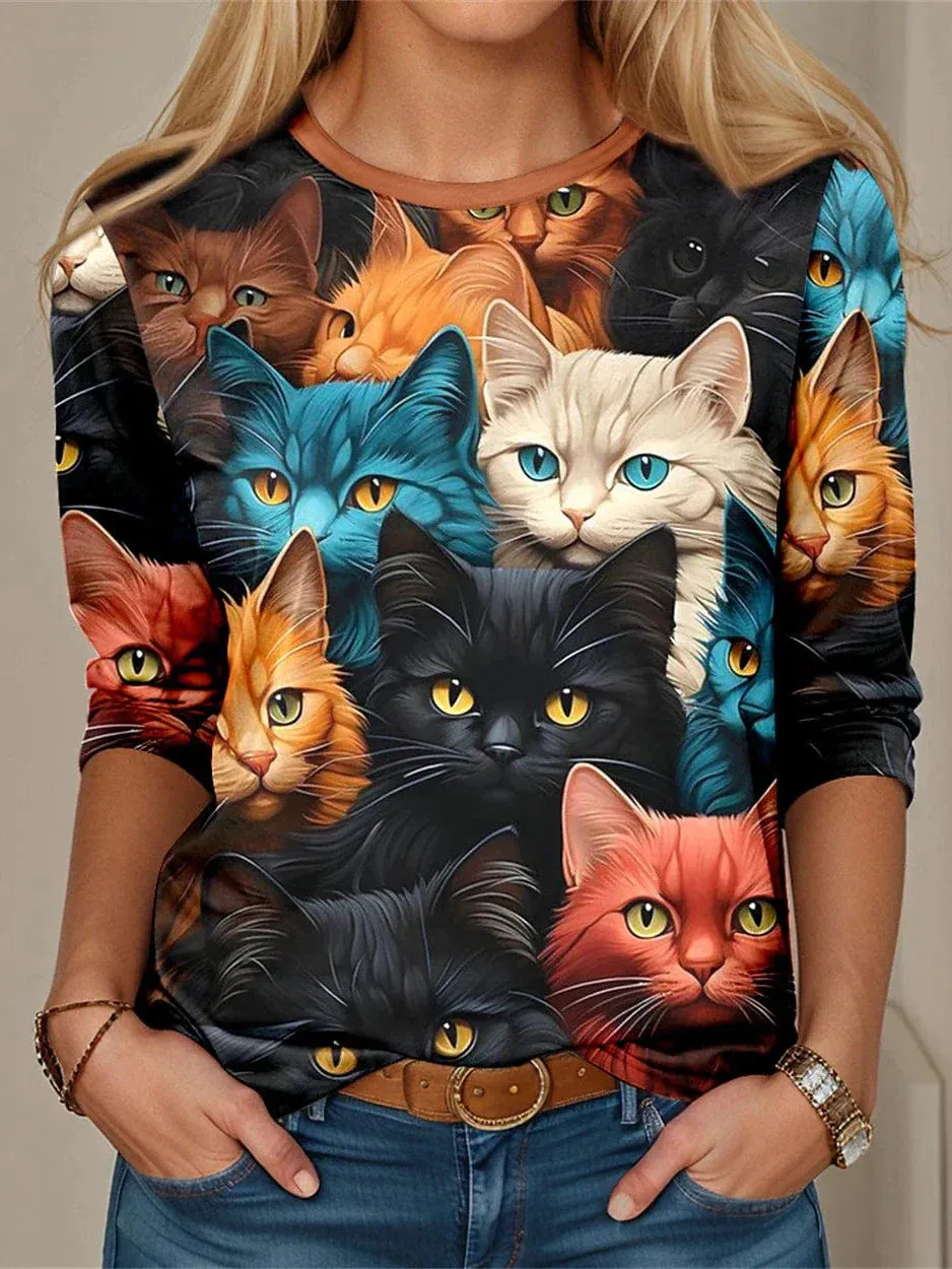 Feline Fashion Long Sleeve 3D Cat Print T-shirt for Women