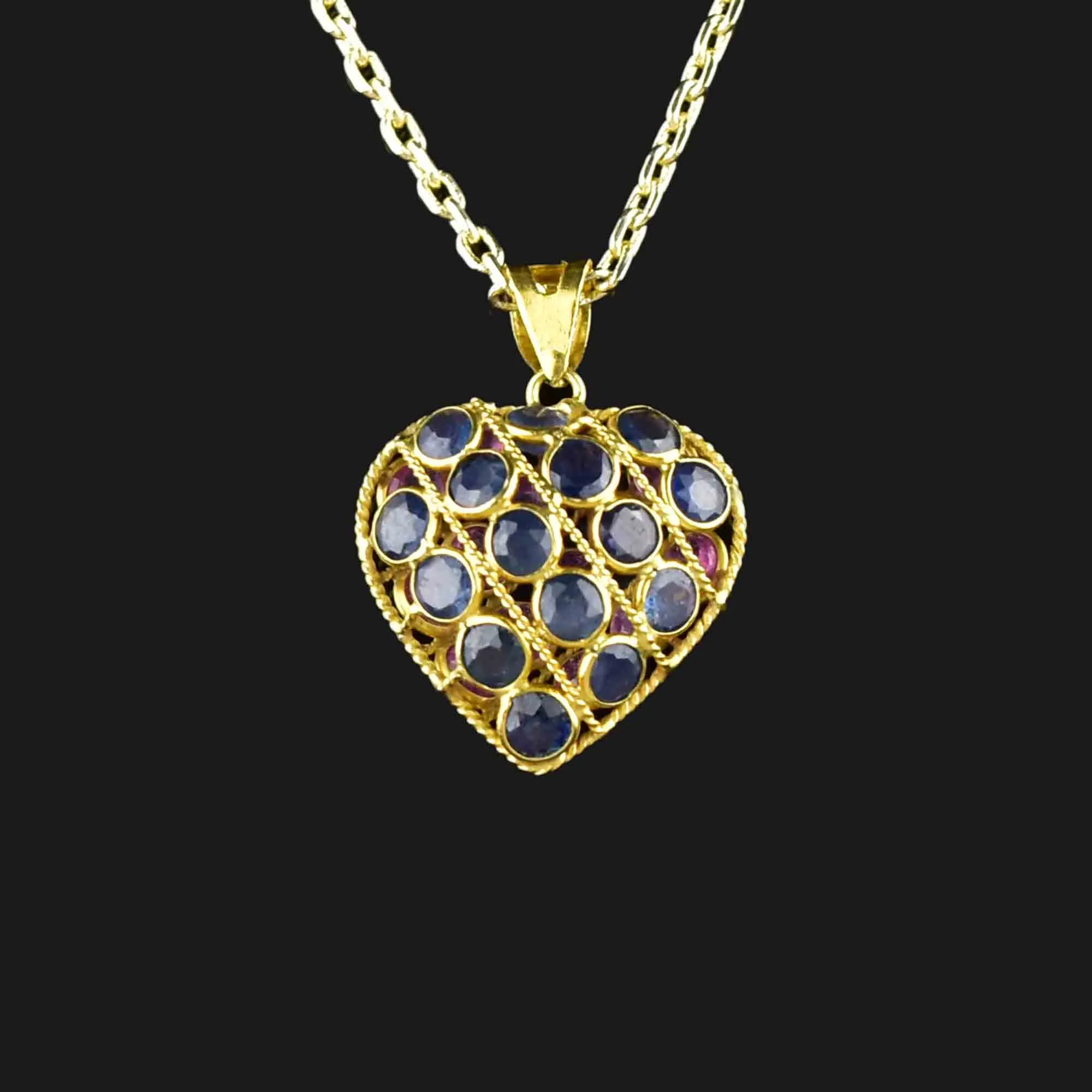 Filigree 18K Gold Ruby Blue Sapphire Heart Pendant Necklace